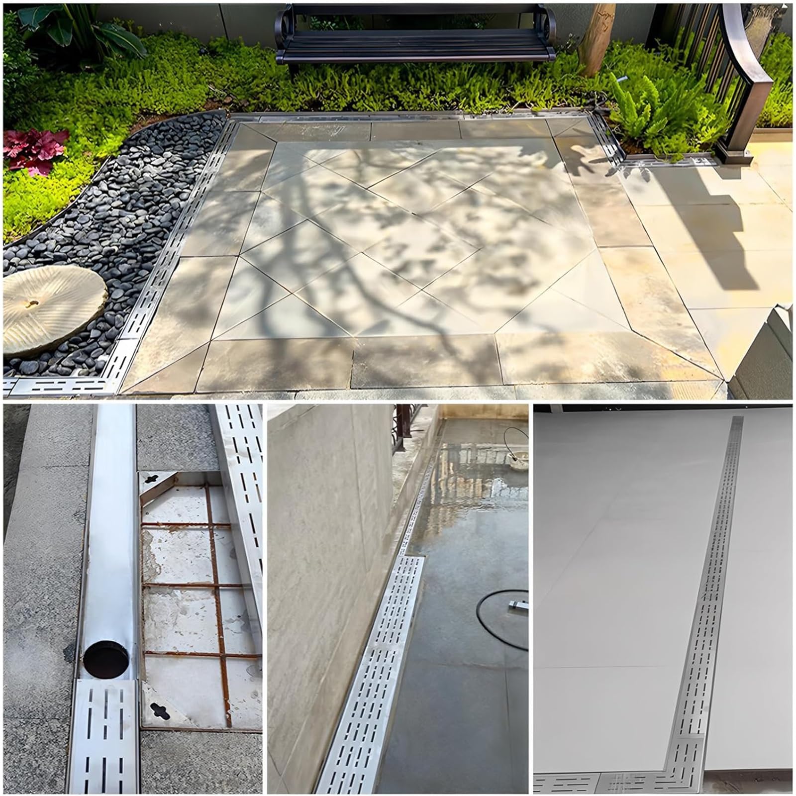 Kit de desagüe de Canal de Acero Inoxidable - Desagüe de Zanja Estrecho Exterior 304 con Rejilla extraíble para Patio, jardín, Granja, terraza - Filtros lineales para canaletas de Lluvia (5X