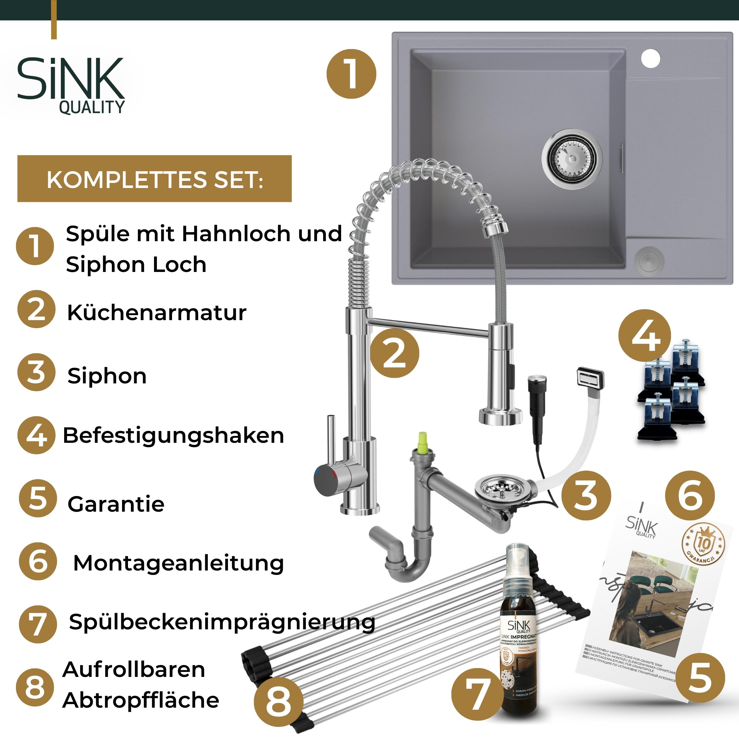 SINK QUALITY zlewozmywak szary z zestawem armatury 62x46 - zlewozmywak z kranem, syfon PUSH, ociekacz, środek impregnujący - kompletny zestaw zlewozmywaka kuchennego do szafki dolnej 55