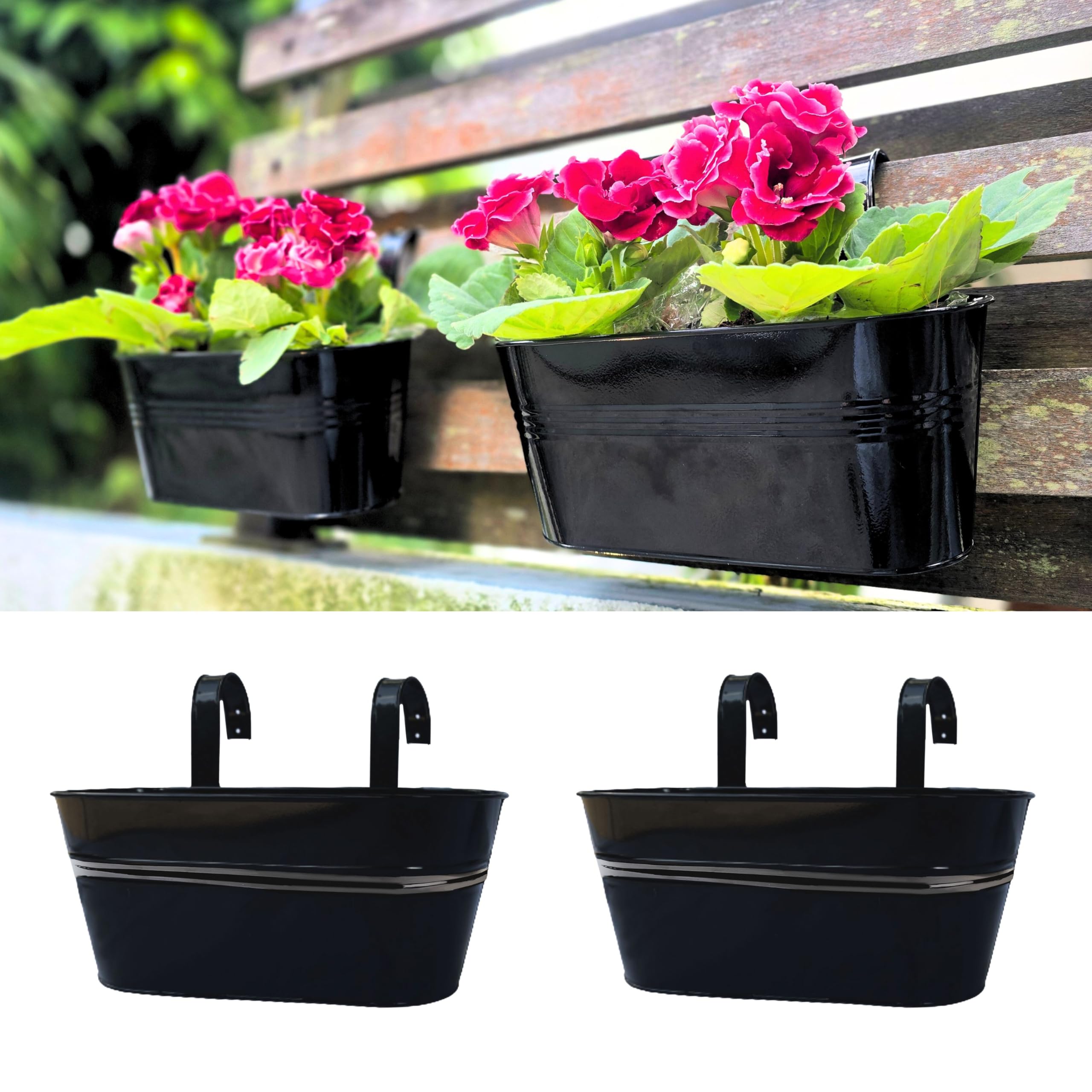 LaLaGreen Railing Planter Outdoor Plants (2 Pack, 11.2 Inch) Black Metal Iron Hanging Flower Pots Deck Rail Fence Hanging Bucket Modern Countryside Style Window Box Plant Holder with Hooks Porch Decor