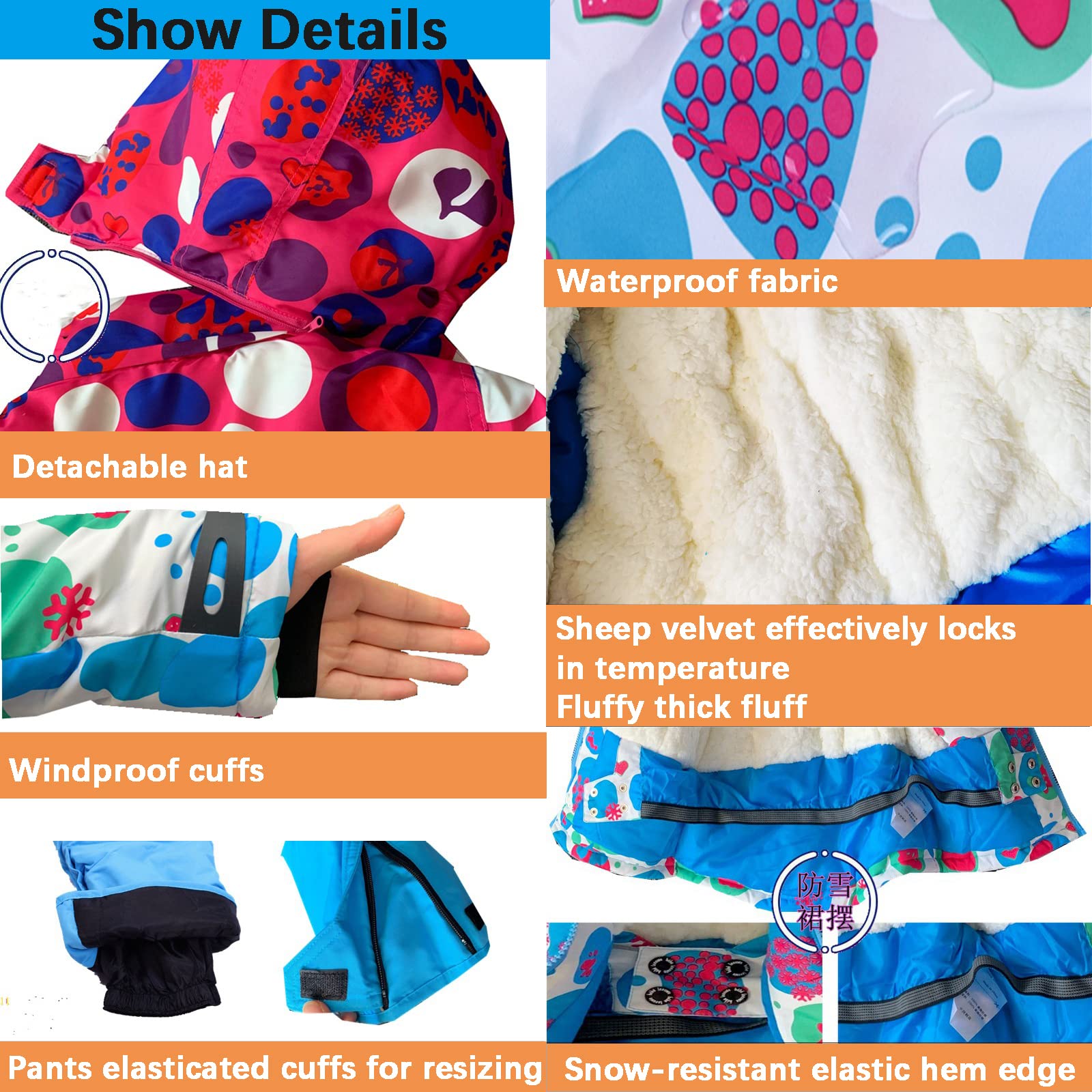 Kinder skianzüge Snowboard,Outdoor warme skilätzchen/Schneehose/Skihose mädchen,verdickte 2 teilig Skijacke Jungen,wasserdichte Winterjacke,Schneeanzug mit Kapuze
