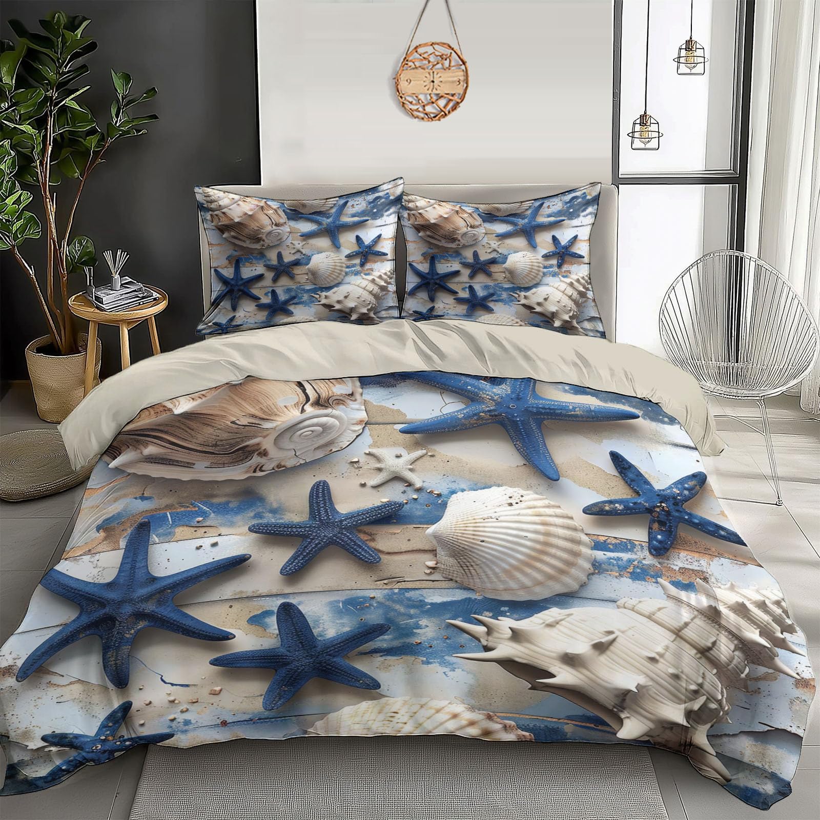 Housse de couette 140x200cm coquilles d'étoiles de mer anti-décoloration pour lit ado