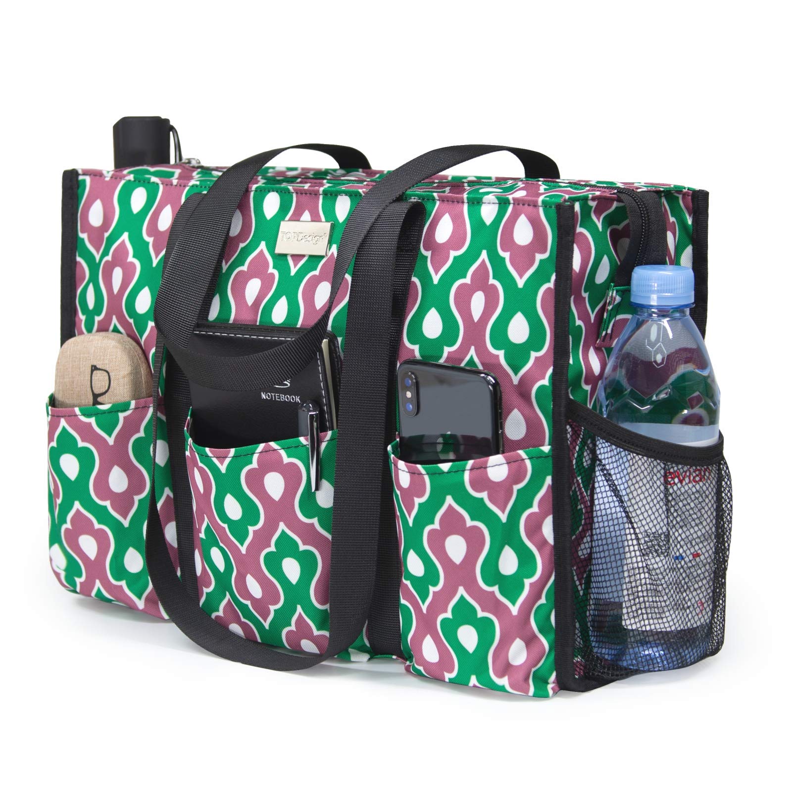 TOPDesign Utility Water Resistant Tote Bag with 13 Pockets, Zipper Closure