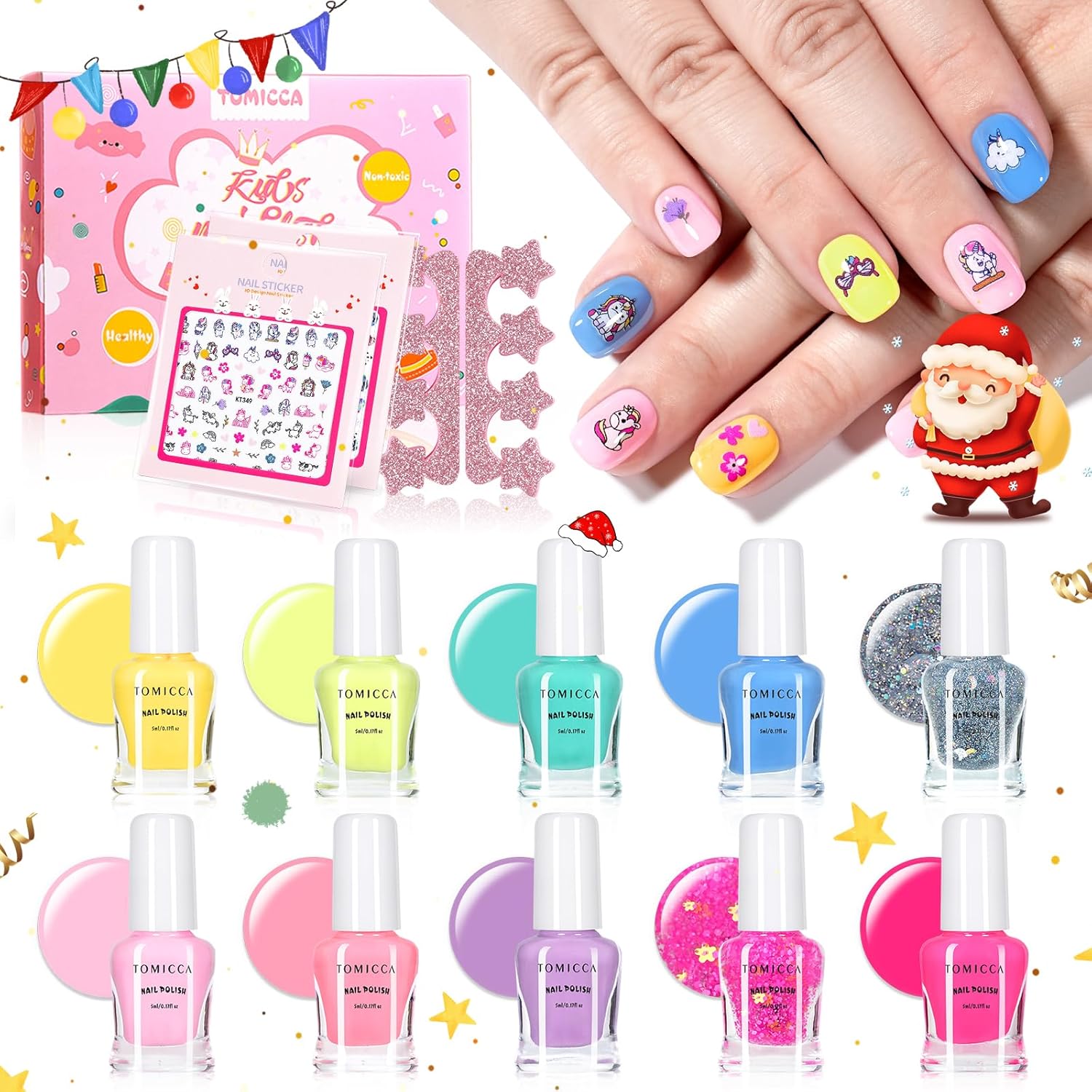 TOMICCA Kids Nail Polish Set Non Toxic Quick Dry Water-Based Peel-Off 10 Colors Toddler Nail Polish Kit Natural