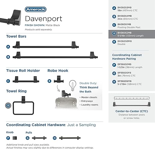 Miniatura 4 de Amerock BH36052MB  Toallero negro mate  Toallero de 5-14 pulgadas (5.236 in) de longitud  Davenport  Toallero de mano para pared de baño  Soporte