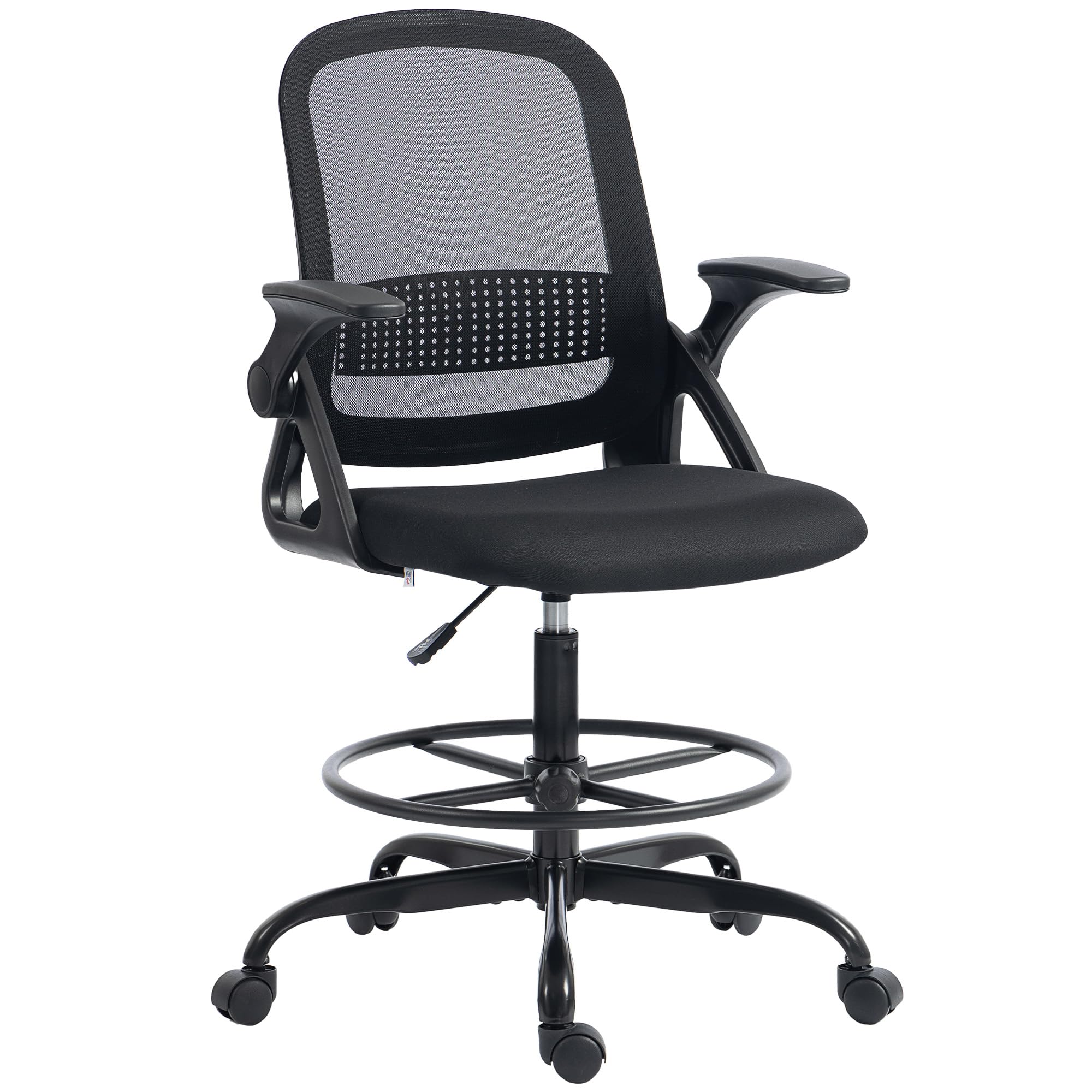 HOMCOM Drafting Chair, Tall Office Desk Chair with Flip-up Armrests, Adjustable Height and Footrest, Lumbar Support for Standing Desk, Home Office Use, Black