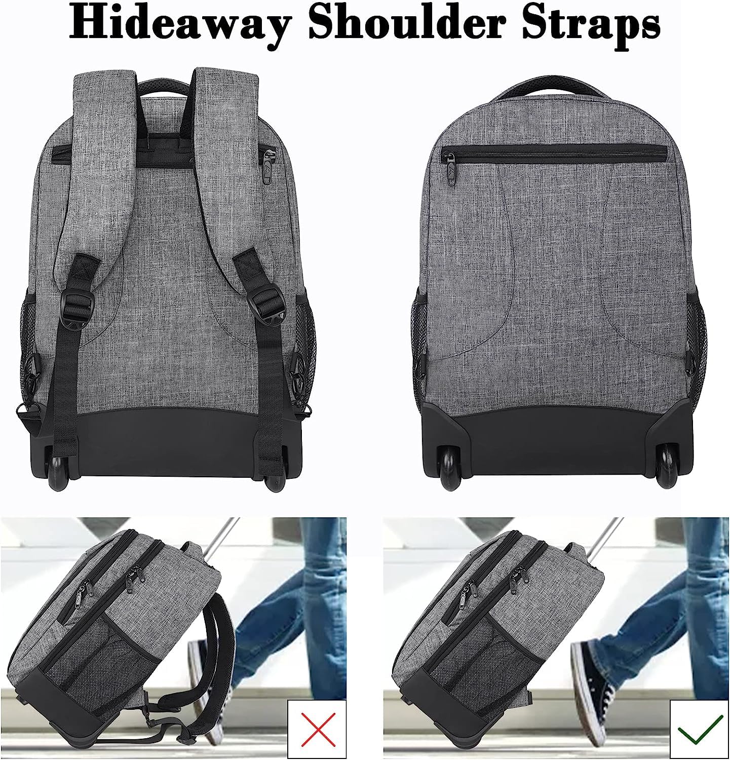 MATEIN Schulrucksack mit Rollen, Business Trolley Leicht Handgepäck Flugzeug Reiserucksack Herren 17 Zoll Laptoptasche Reisetasche mit Rädern Damen Schultrolley Wheeled Backpack für Arbeit, Uni, Grau