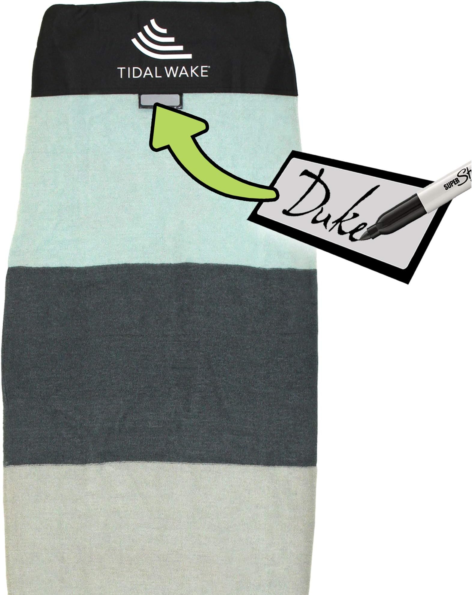 Tidal Wake TAG-IT Snub Nose Surf & Wake Board Sock Cover with Built-in Name Tag 58", Tag Your Bag - Personalize with Your Name! (Sea Foam Green & Gray Wide Striped)