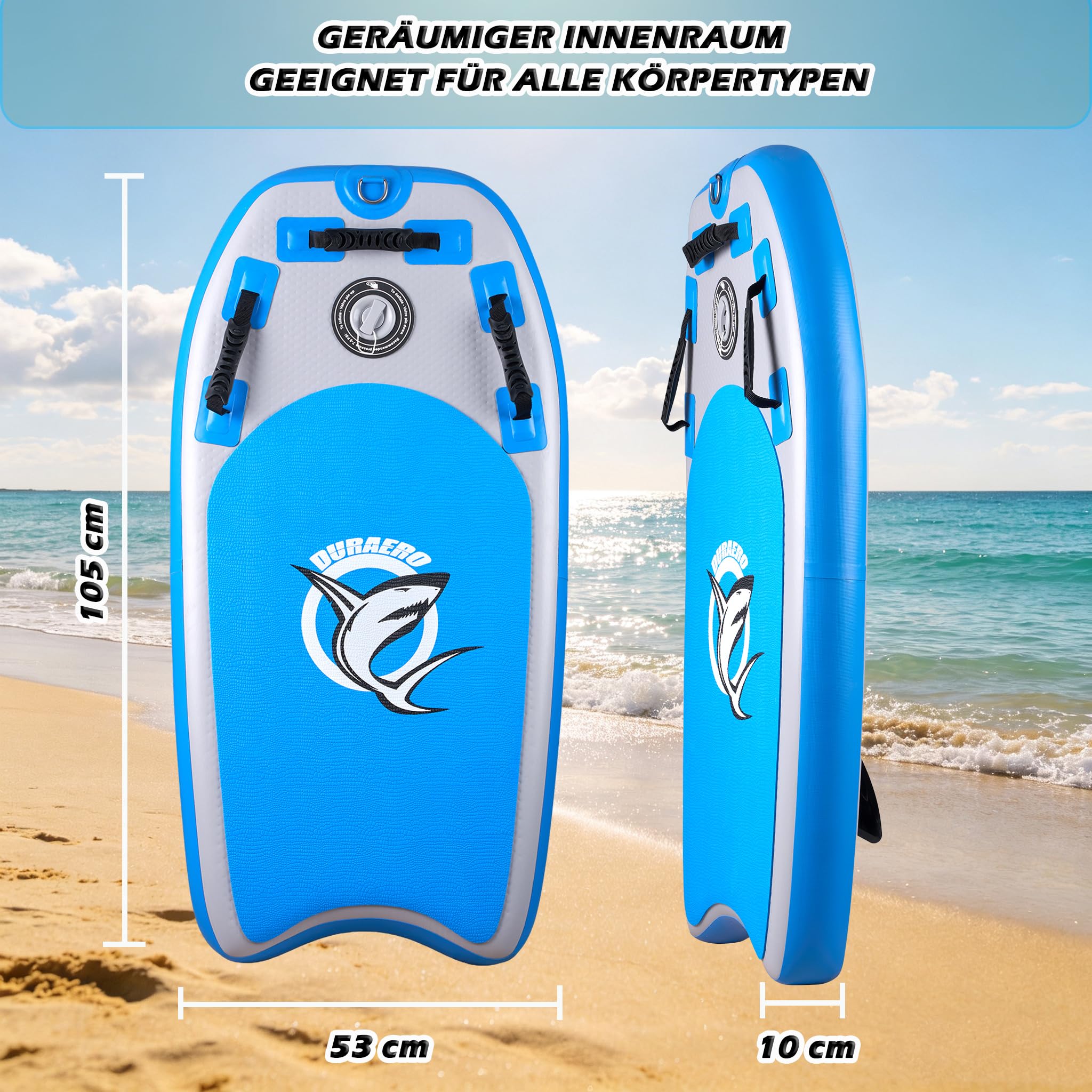 Bodyboard hinchable 105 x 53 x 10 cm, 3 asas para un mejor control, 2 aletas laterales para mayor estabilidad, superficie antideslizante EVA, incluye correa de seguridad, bomba y bolsa de transporte