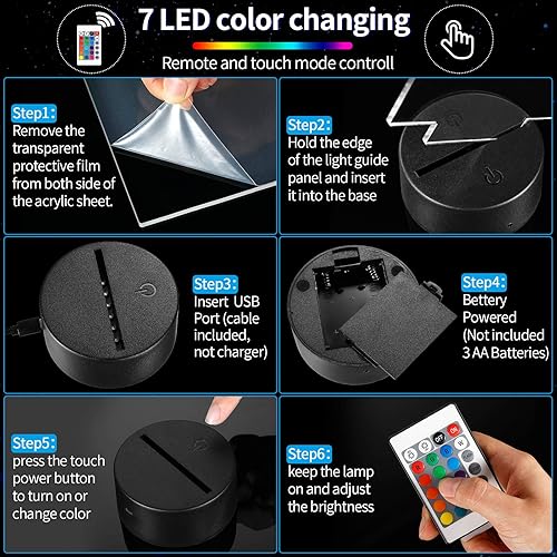 Miniatura 3 de Honoson 4 bases de lámpara de luz LED nocturna 3D con 4 hojas de acrílico transparente, control remoto, cable USB ajustable, 16 colores, 4 modos,