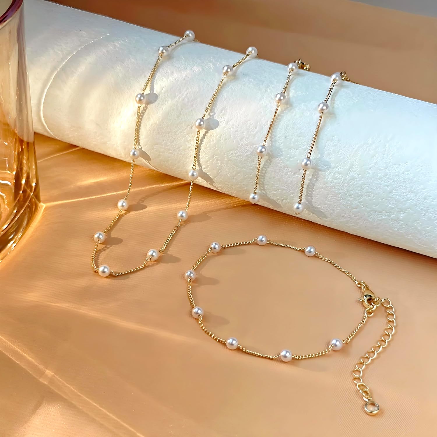 HAXIYA Gold Pearl Jewelry Set for Women Dainty 14K Gold/Sliver Plated Pearl Necklace and Earring Set Bracelets Choker Necklace Pearl Jewelry for Wedding