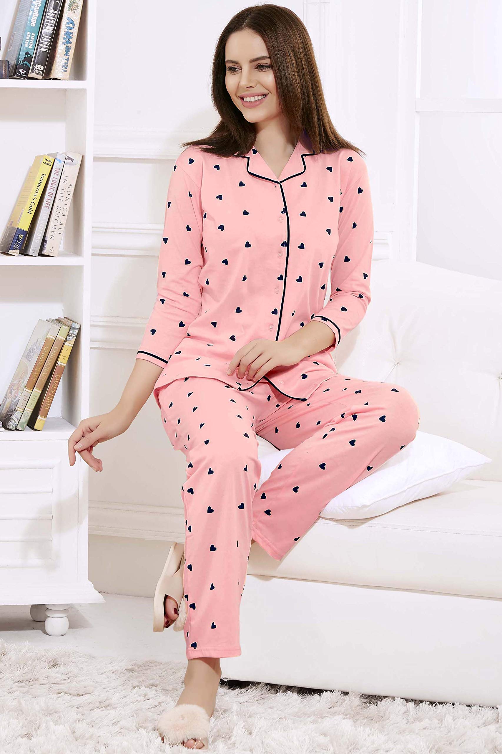 ZEYO Women's Cotton Heart Printed Peach Night Suit Set Of Shirt & Pajama Set 5152 1
