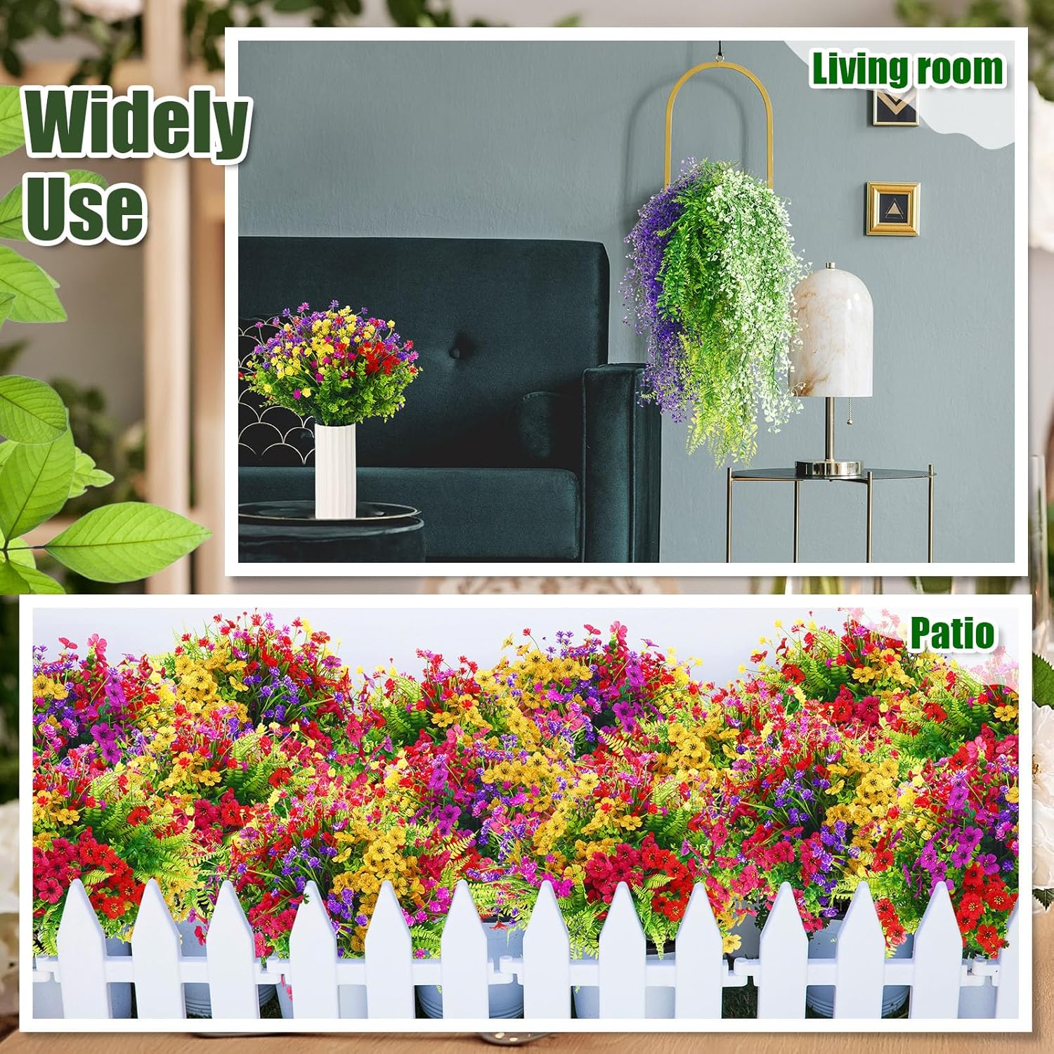 42 Pcs Artificial Fake Hanging Flowers Set for Outdoor Artificial Plants UV Resistant for Home Decoration Boxwood Stems Fake Shrubs Hanging Flower for Yard, Patio, Lawn&Balcony Decoration