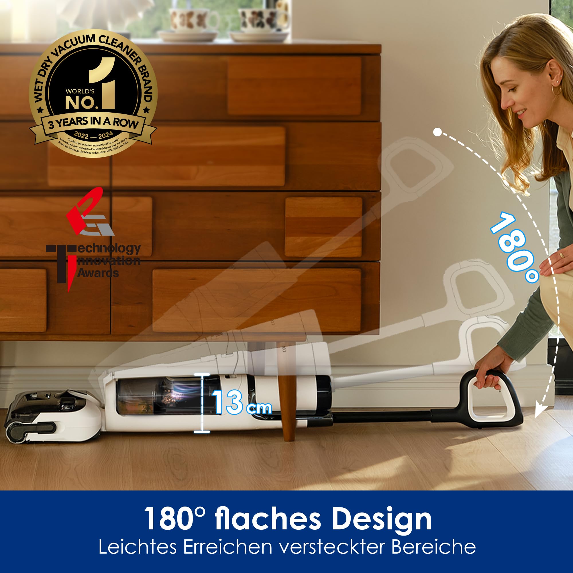 Tineco Floor One Stretch S6 Nass Trockensauger 180° Flachdesign 13cm Liegehöhe 85°C FlashDry Selbstreinigung 40min Laufzeit