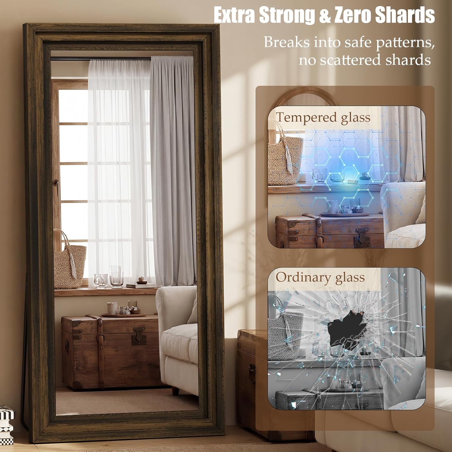 Full Length Mirror 71"x30", Large Solid Wood Frame Floor Mirror, Leaning Floor Mirror, Stable Frame, Shatterproof Glass, Modern Classic Style for Bedroom, Living Room, Entryway