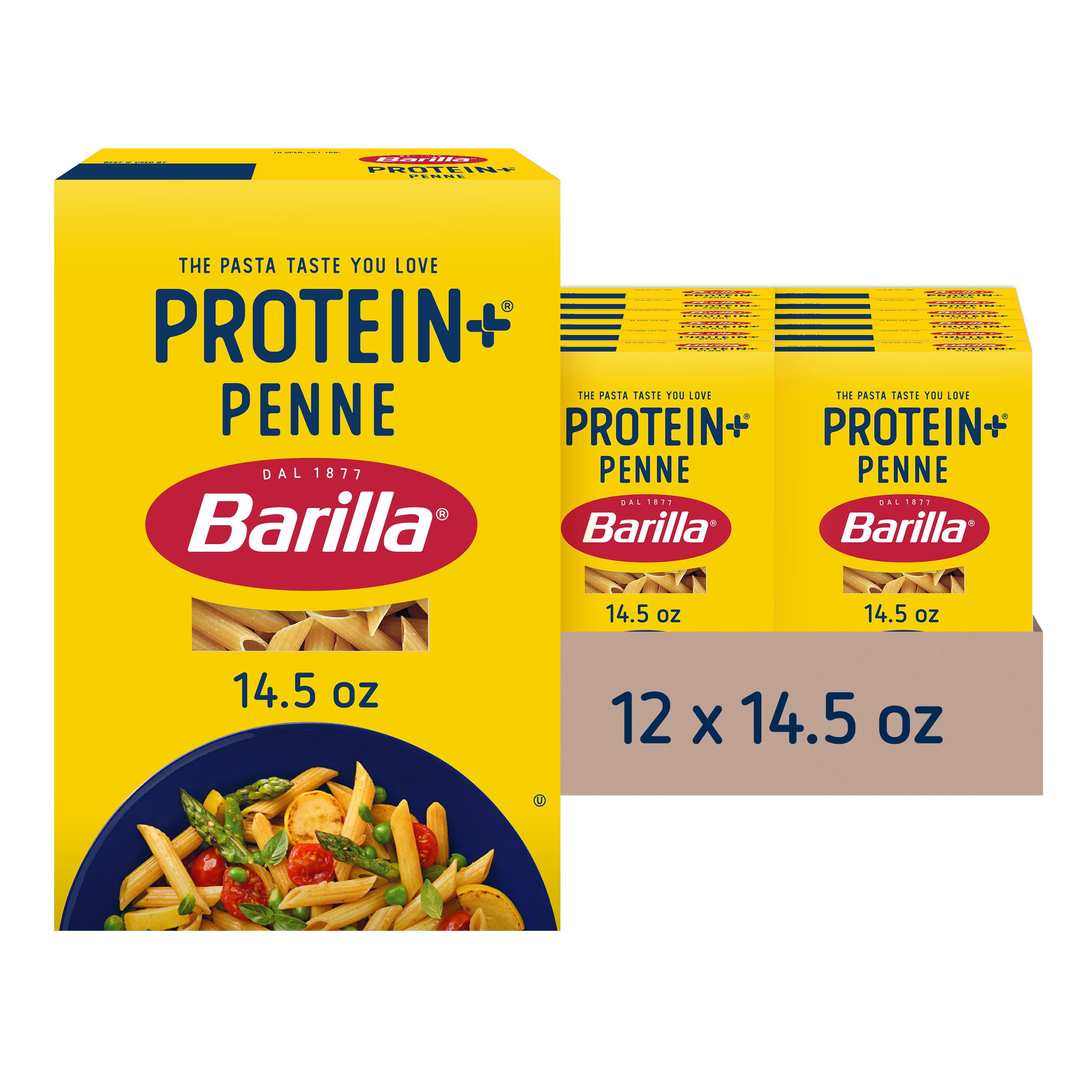 BARILLA Protein+ (Plus) Penne Pasta, 14.5 Ounce (Pack of 12) - plant based pasta - Made from Lentils, Chickpeas & Peas - Non-GMO, Kosher Certified and Vegan