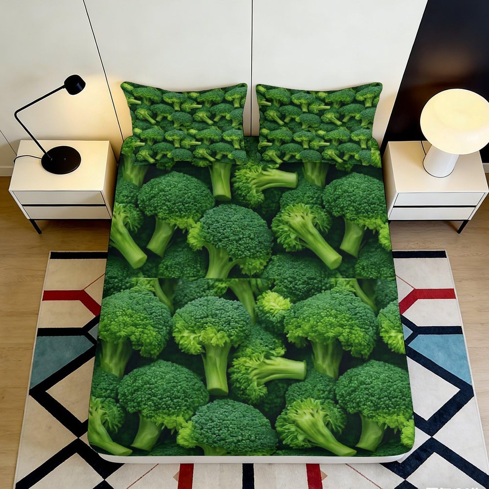 3D Printed Broccoli Pattern Fitted Sheet Microfiber Soft Green Vegetable Bed Cover for Bedroom Guest Room Dorm Decor 90x200x25cm
