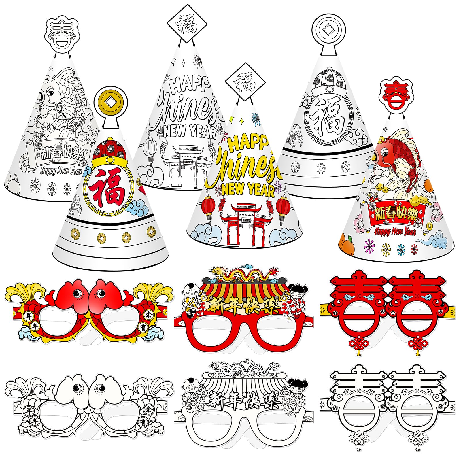DPKOW Chinese New Year Crafts, 12pcs Spring Festival Party Glasses Hats Colouring Kits Chinese New Year Party Favour Supplies Spring Festival Paper Glasses Cone Hats with Elastic Rope