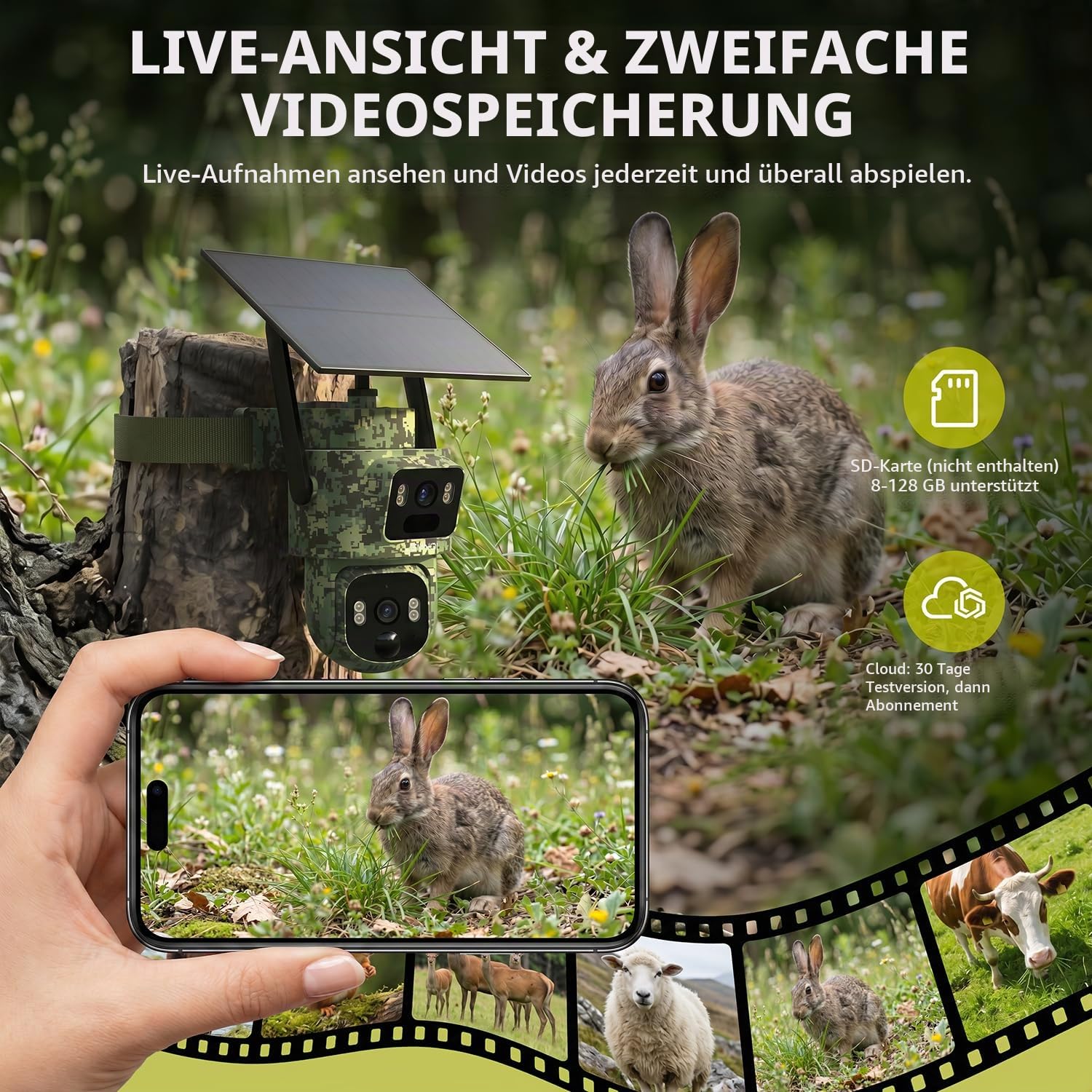 Lemnoi 4G Solar Wildkamera mit Dual-Objektiv, 2K HD, Objektverfolgung, IP66