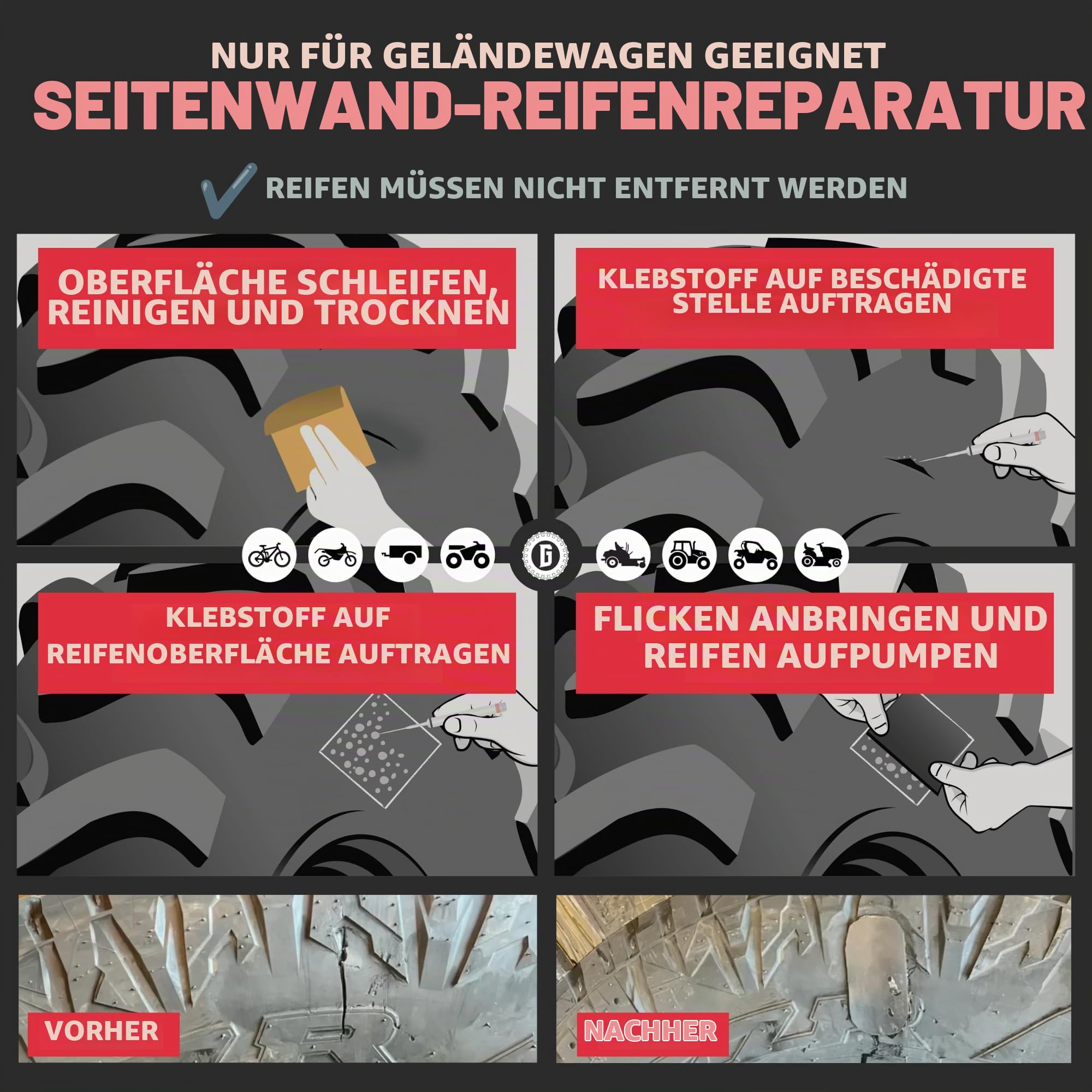 GlueTread Seitenwand-Reifenreparatur-Set, Seitenwand-Reifenflicken-Set, Flickenreparatur-Set für Geländefahrzeuge, verbesserte Gummi-Formel, kein Beschleuniger erforderlich, 10 Minuten Aushärtungszeit