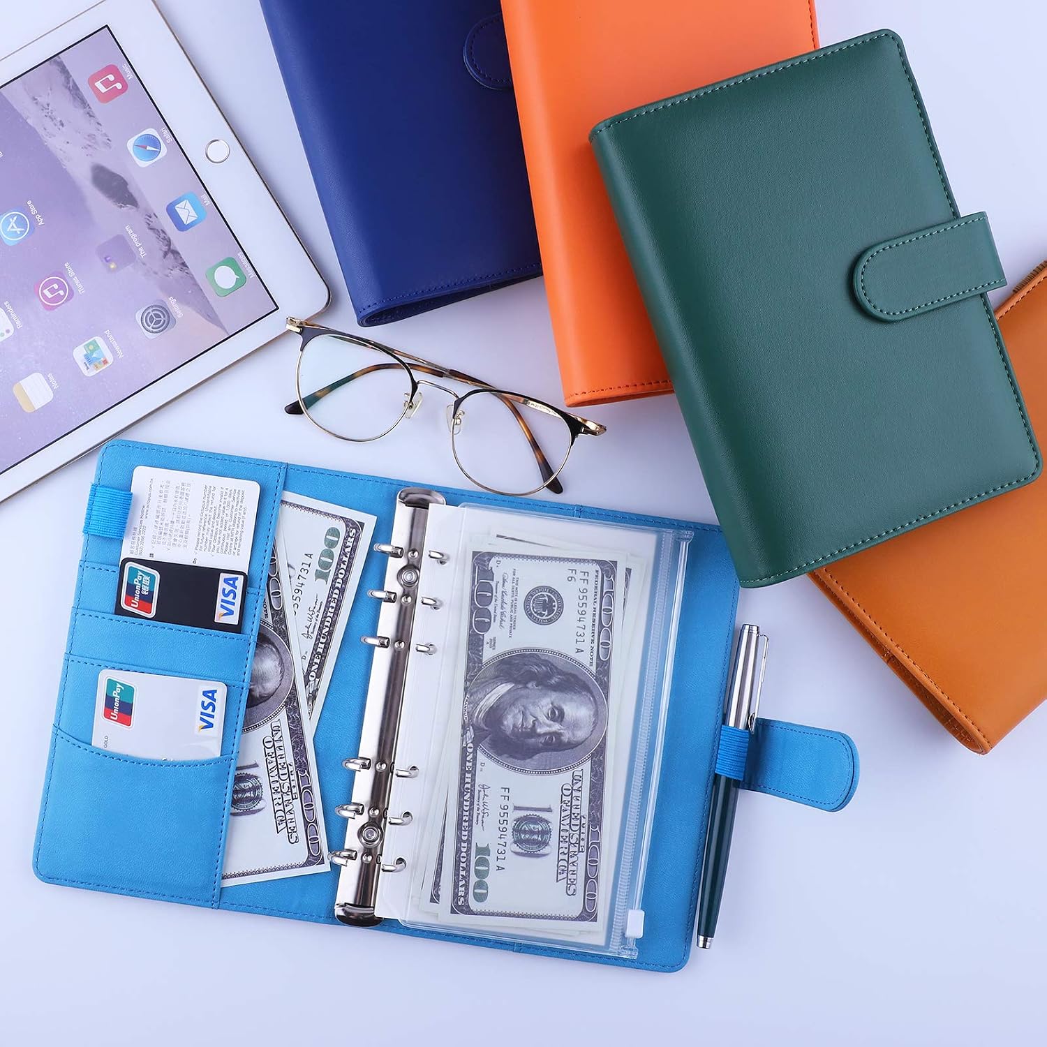 Antner A6 Binder 6 Ring Refillable Notebook Planner Cover for A6 Refill Paper, PU Leather Loose Leaf Personal Planner Money Organizer Wallet Budget Binder with Magnetic Buckle Closure, Sky Blue