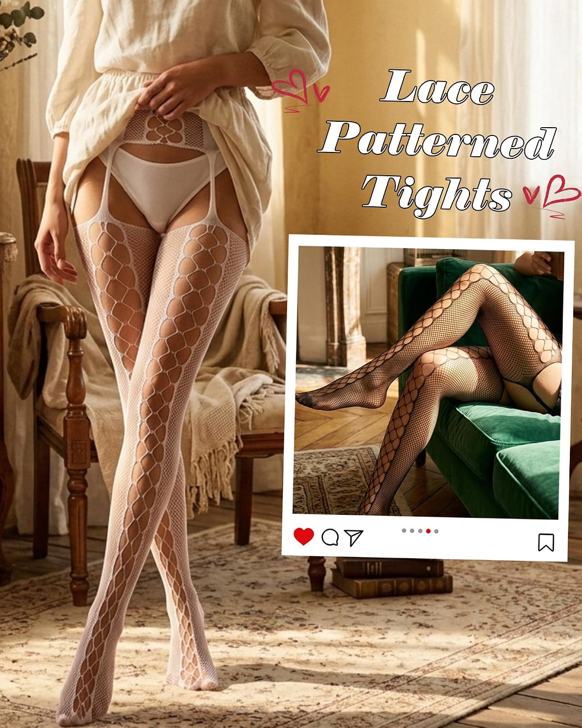 Fishnet Stockings for Women, Patterned Tights Lace Garter Pantyhose Set, Stretch Mesh Lingerie Hosiery for Outfit