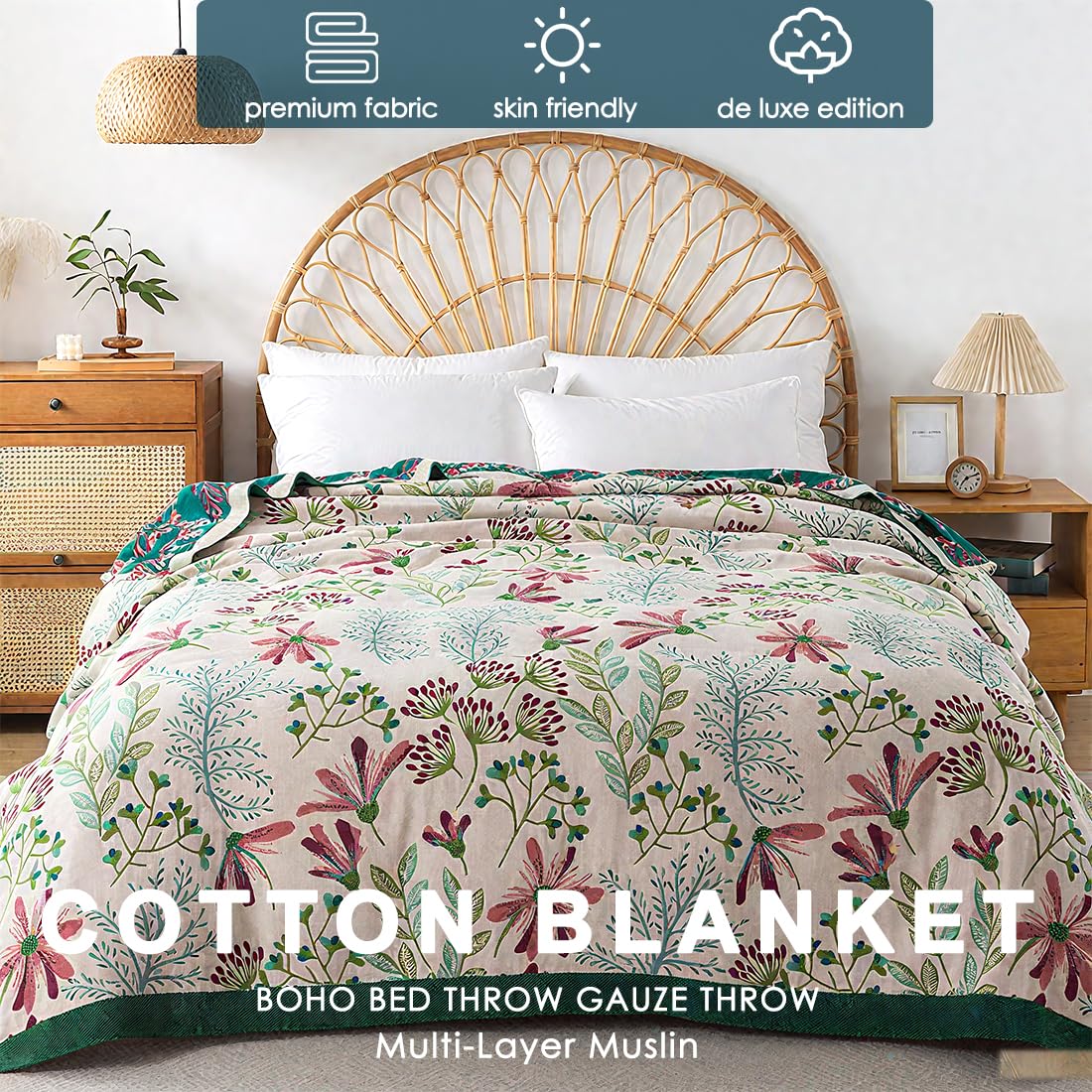 Plaid Divano Cotone Floreale Coperta Boho per Divano Coperta Cotone Matrimoniale Copriletto Matrimoniale 200x230cm, Foglia-Bianco