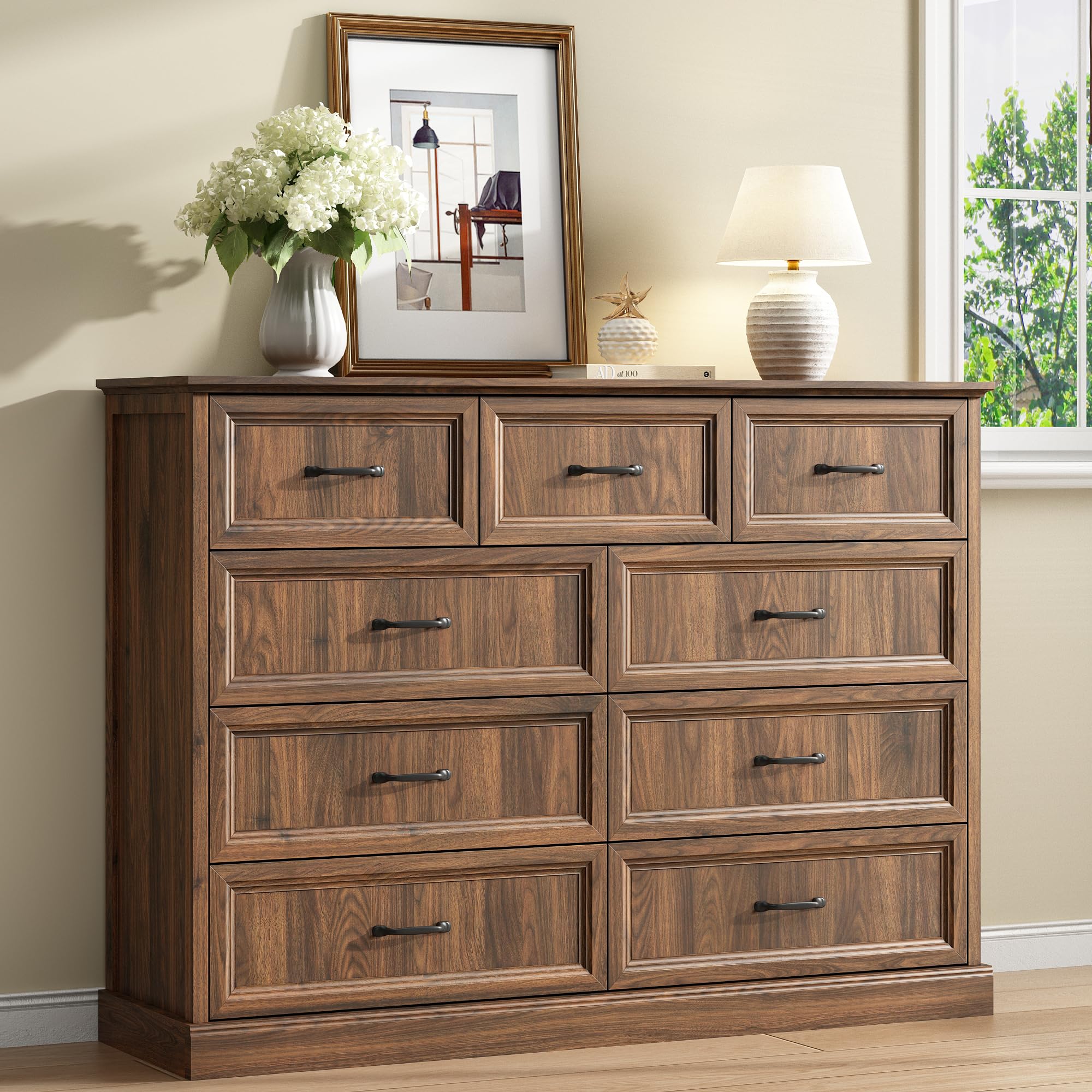Amazon.com: Farmhouse 9 Drawers Dresser for Bedroom, 55'' Wide Wood Rustic  Chest of Drawers with Natural Texture, Storage Dressers Organizer with  Large Drawers for Bedroom, Living Room, and Entryway, Walnut. : Home