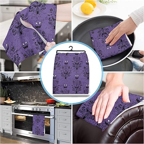 Miniatura 4 de Purple Haunted House - Toallas de cocina de araña de Halloween, toallas de mano fantasmas, paño de limpieza de microfibra para decoración de cocina,