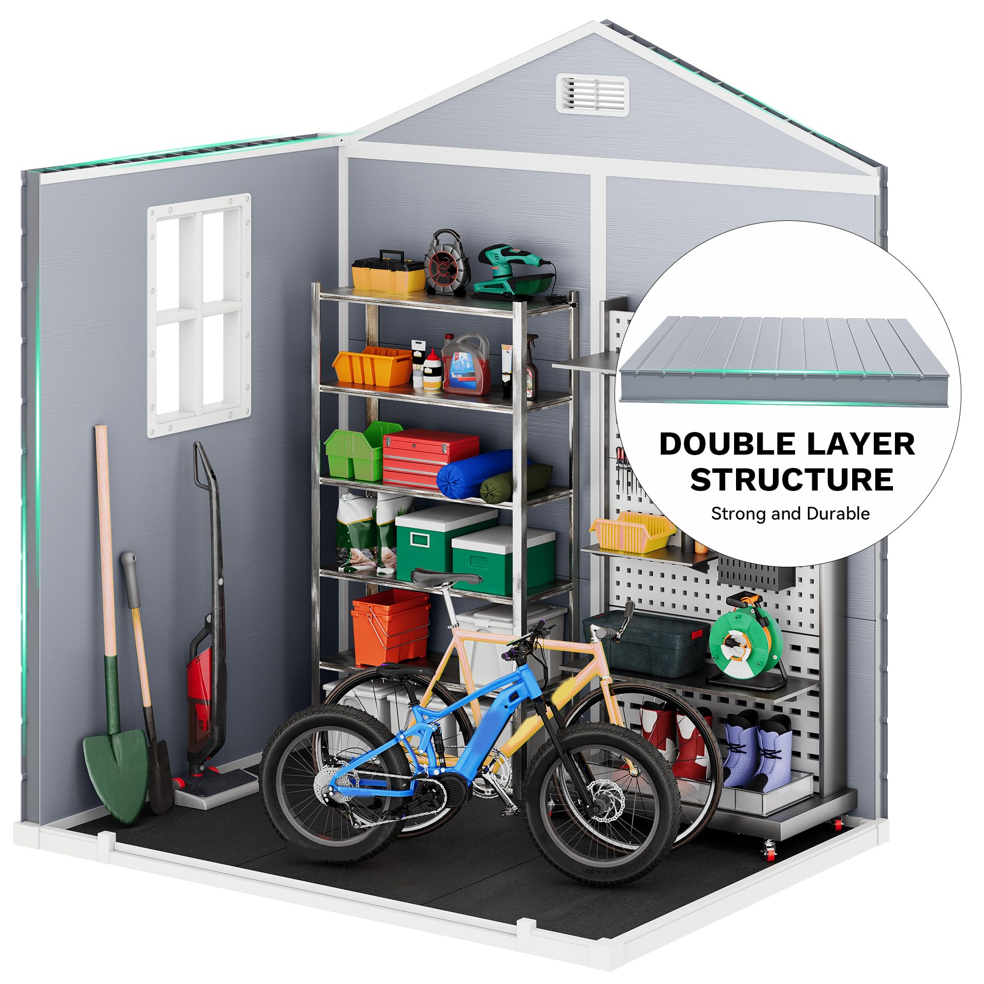YITAHOME Gerätehaus Kunststoff 182x134x210cm,Gartenhaus Doppeltuer,Kaltgrau | Gartenschuppen Fahrradgarage Gartenhütte Werkzeugschuppen Gartenmöbel Unterstand Rasenmäher Unterstellplatz|Abschliessbar