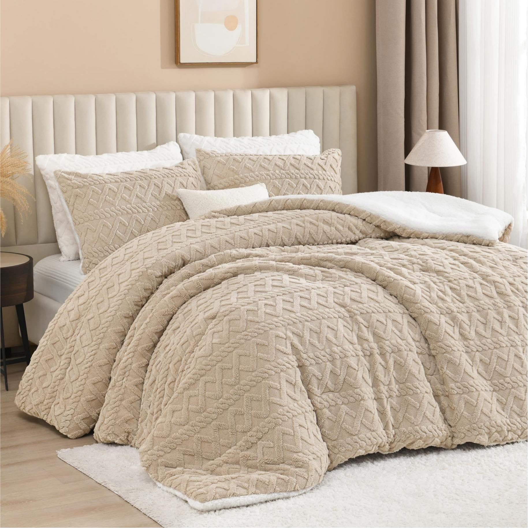 Andency Fluffy Sherpa Queen Comforter Set Beige
