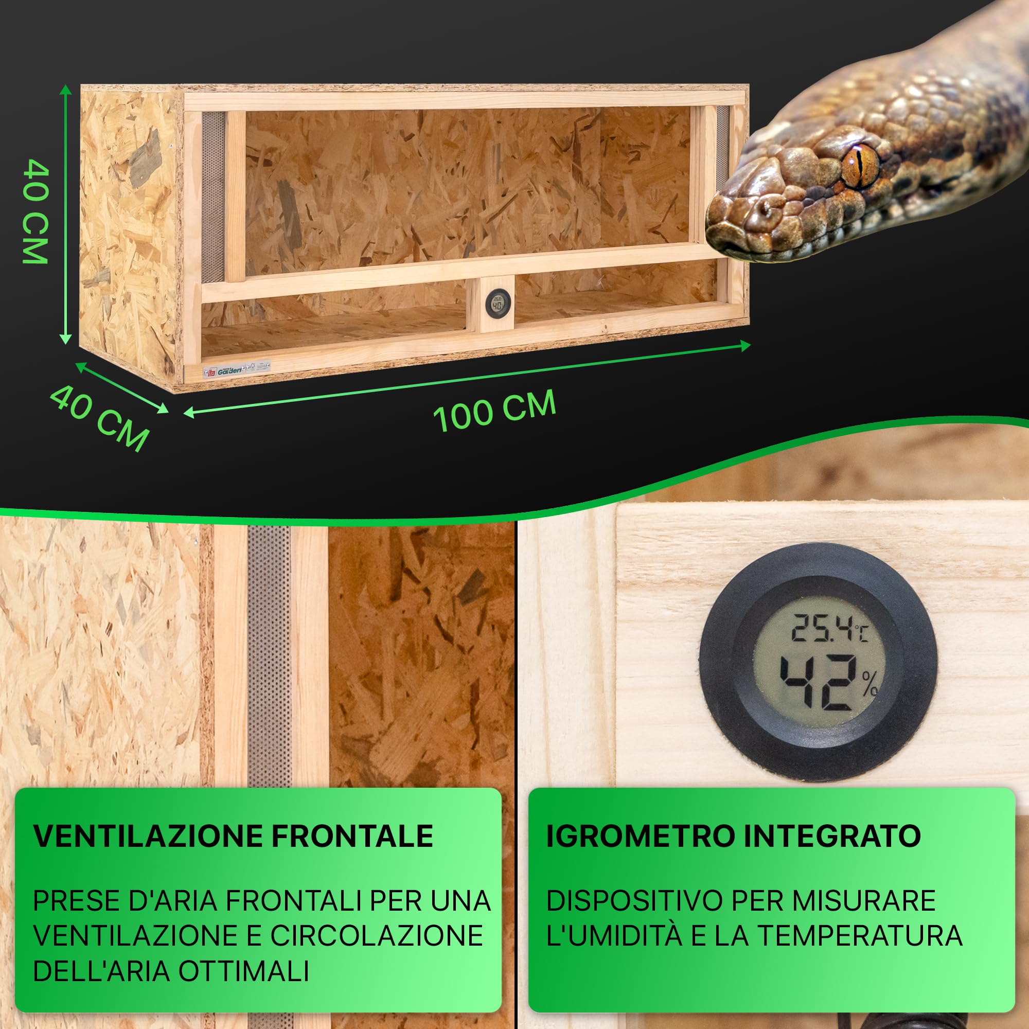 ITA Terrario in legno 100x40x40 cm con ventilazione frontale e igrometro integrato - Terrario in legno OSB-3 - Per rettili, serpenti, anfibi - Prodotto UE, certificato FSC