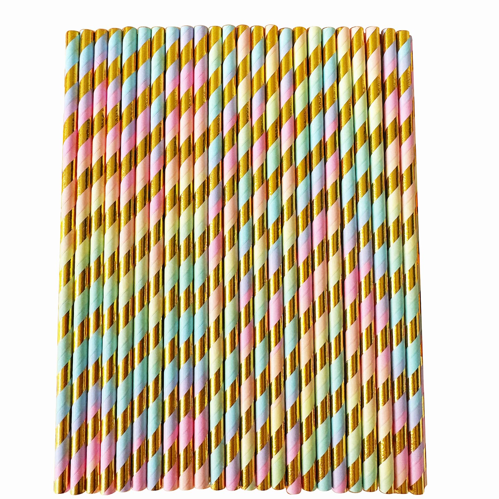 YAOSHENG [100 Pack] Pastel Paper Straws Disposable, 100% Biodegradable Multi-Pattern Party Straws For Birthday, Wedding and Holiday Decoration (Seven