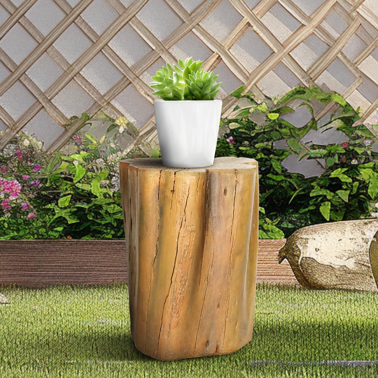 SKYFIRE Concrete Faux Wood Stump - 17.9”H Outdoor Side Table Statues, Faux Oak Stump Cover,Decorative Plant Stand for Garden, Patio, Backyard, Lawn, Landscape, House, Office Decor -14.9”L x 14.1”W