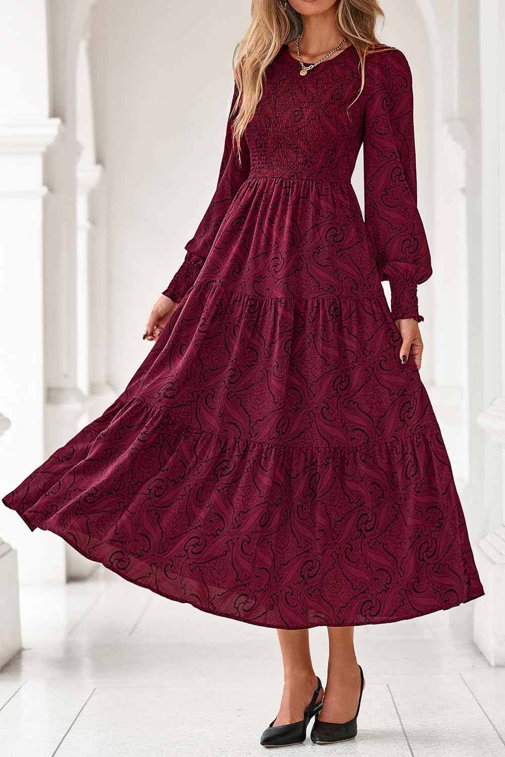 dowerme Maxi Dresses for Women 2026 Long Sleeve Floral Smocked A Line Polka Dot Flowy Boho Vacation Dress Spring Clothes - Image 8