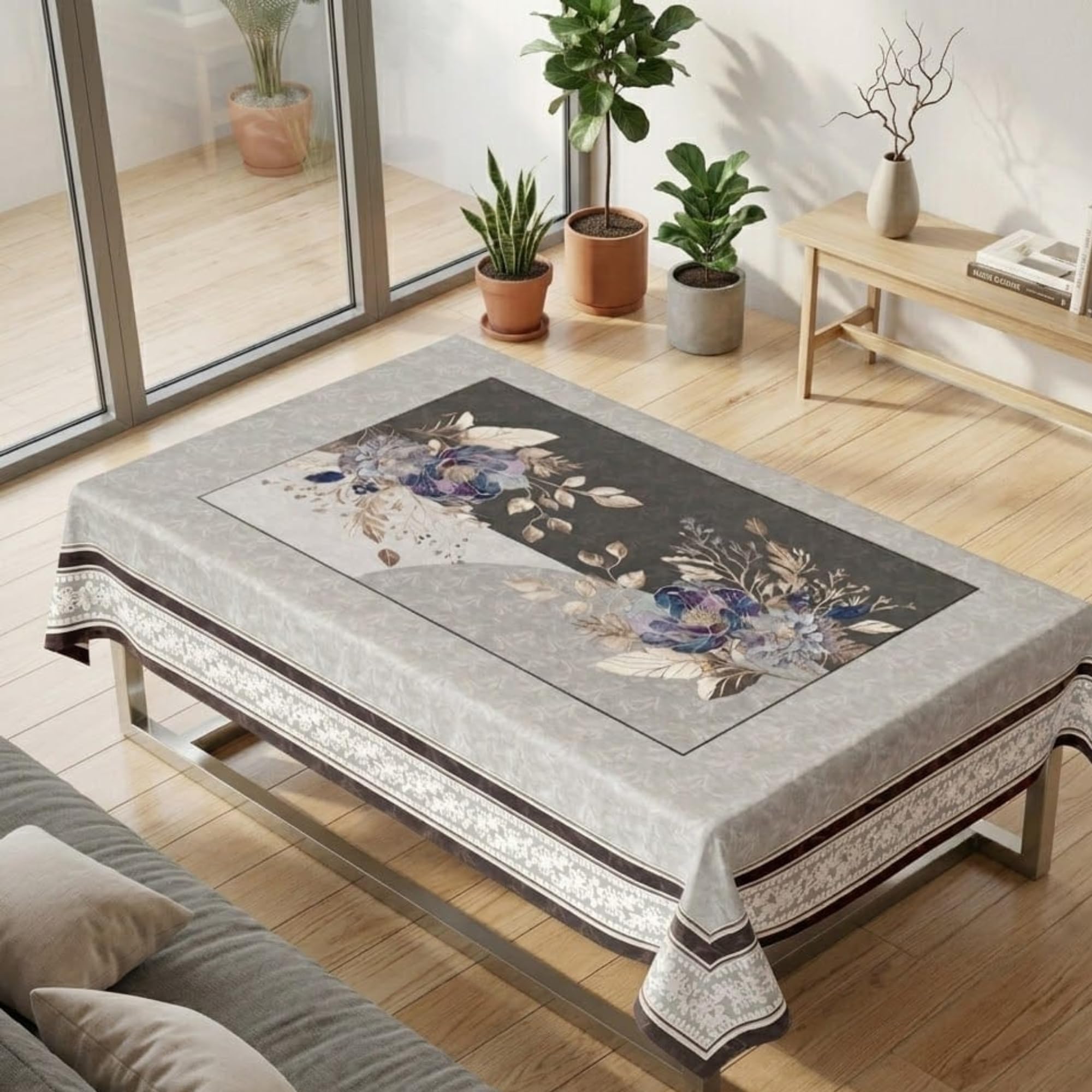 Tarantaran Premium Silver Grey Flower Table Cover | Elegant Center Table Cloth for Home-image-39