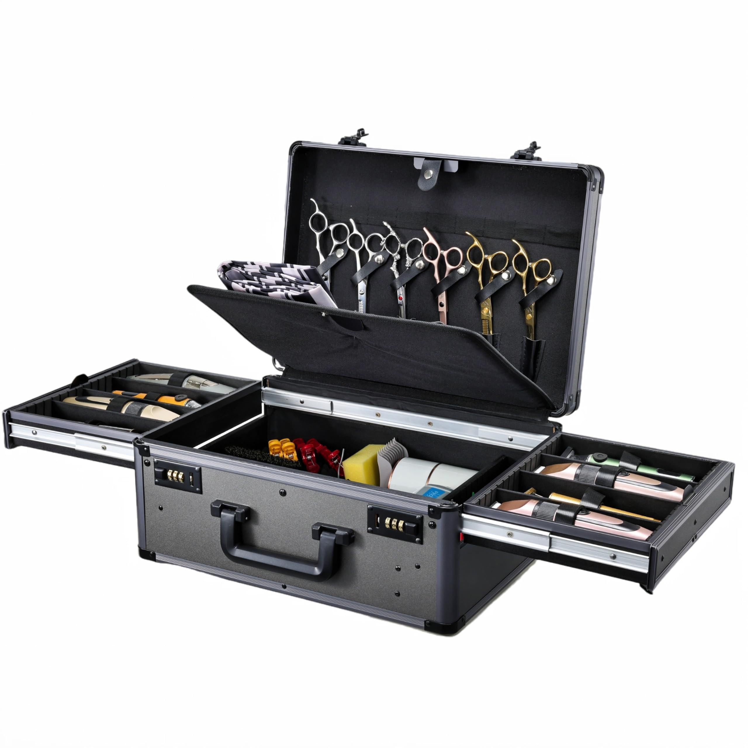 Yueieoun Barber Case with Clippers Sliding Tray, Profesional Barbers Briefcase Tool Case, Travel Barber Cases for Clippers and Supplies, Hair Scissors Trimmer Organizer, Salon Grooming Hard Suitcase