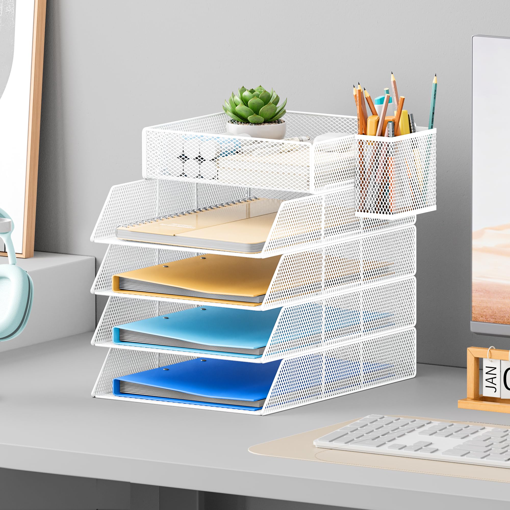 VITVITI Stapelbare Briefablage, Schreibtisch Organizer mit 5 Aktenhalter und 1 Stiftehalter, für A4 Dokument, Büro Organizer aus Metall, Schreibtischablage für Büroablage, Postkörbe (White)