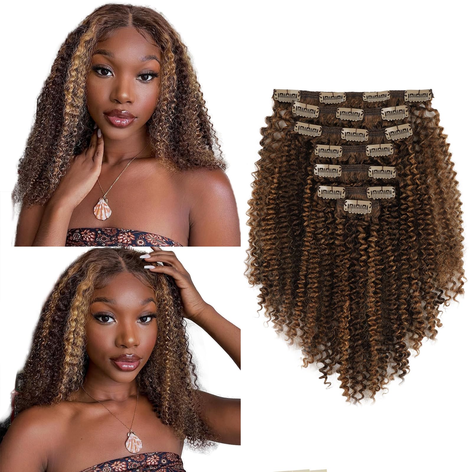 Yuniffe Curly Clip in Hair Extensions Real Human Hair Kinky Curly Clip ins for Black Women #P4/27 Dark Brown Highlight Blonde Kinky Clip ins Virgin