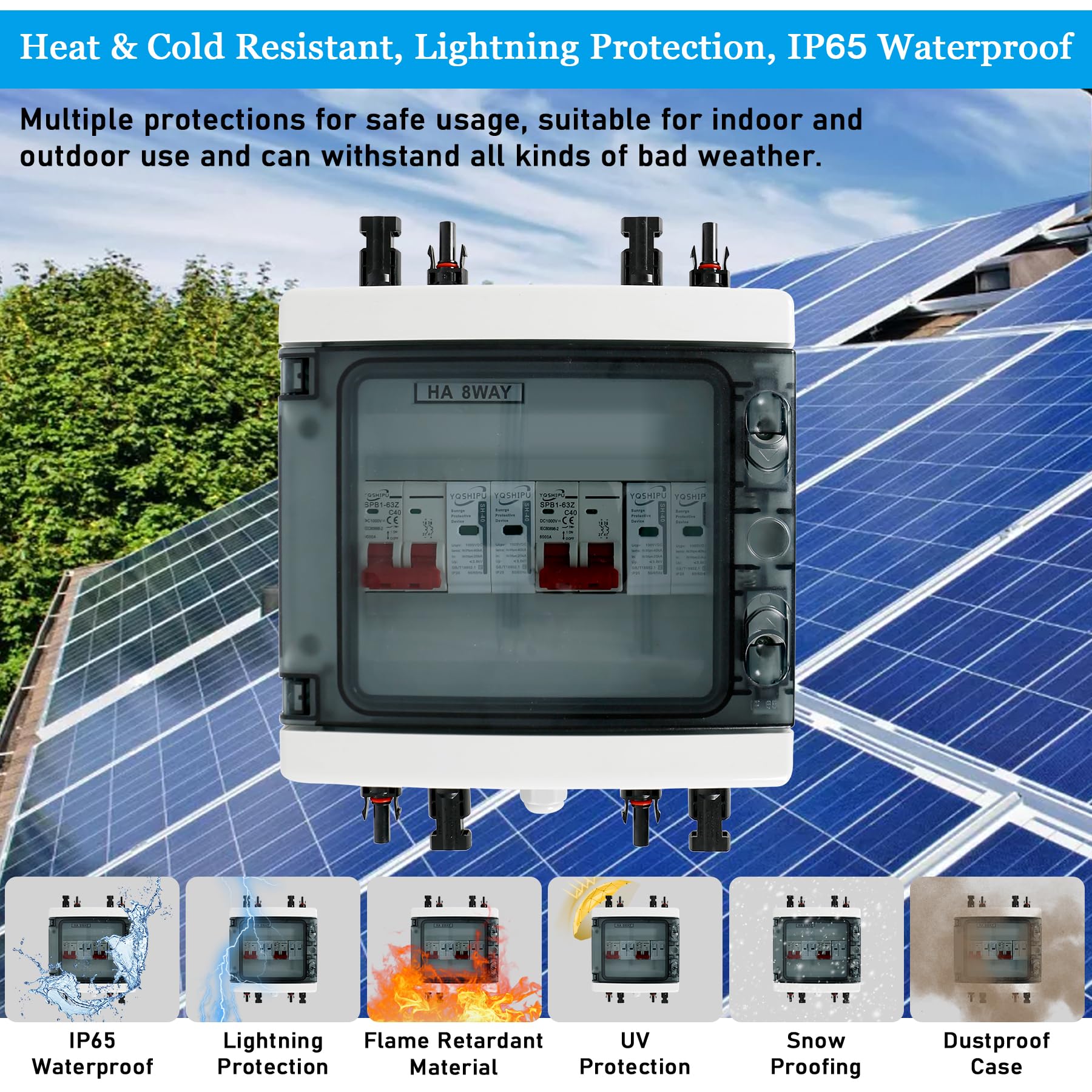 Caja Combinadora Solar Fotovoltaica, 1000V 40A 2 en 2 Salida 2 String PV DC Interruptor de Aislamiento Caja Combinadora Solar Caja de Distribución IP65 Impermeable, para Sistemas Solares Fotovoltaico