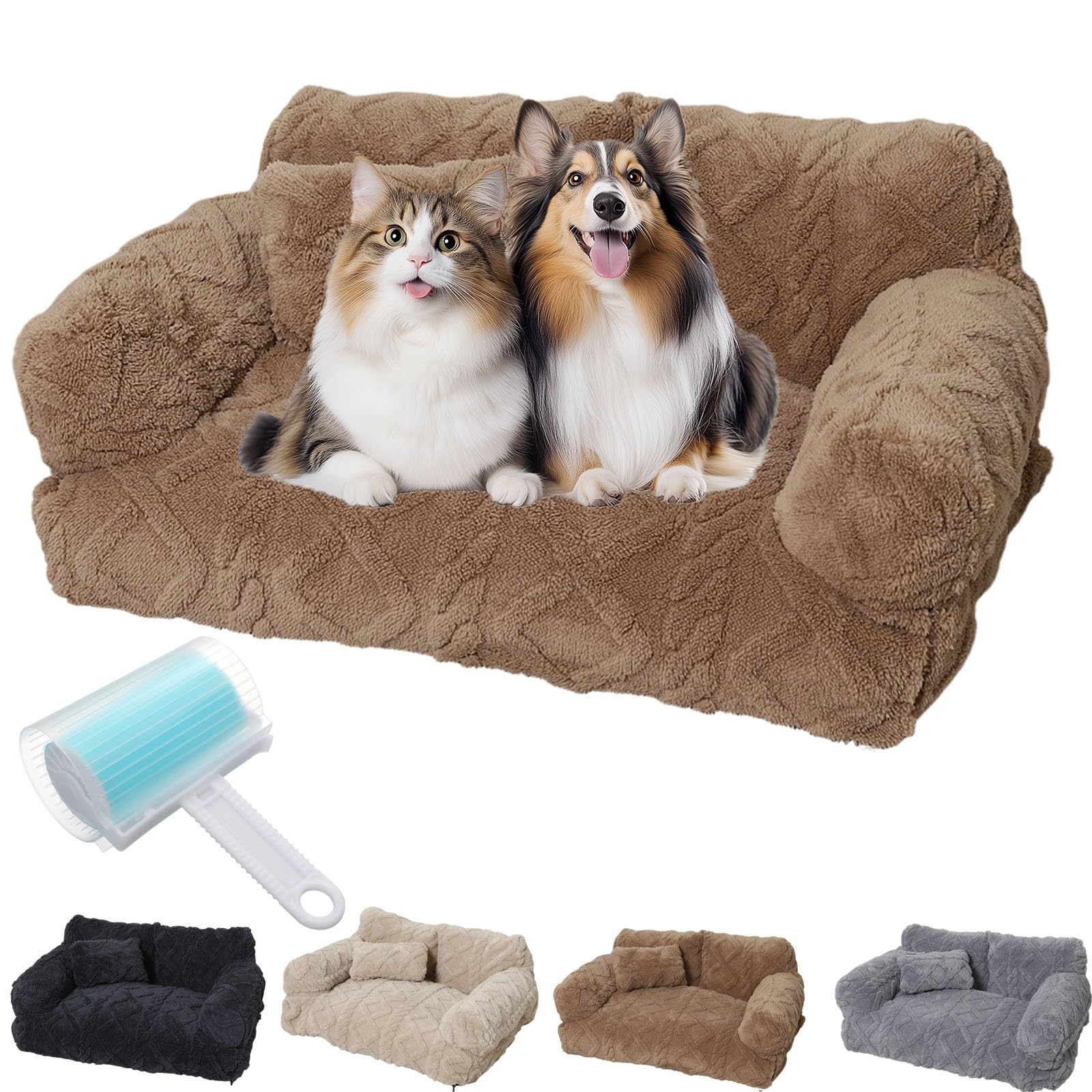 Kidlupe Plush Calming Pet Sofa Bed, Orthopedic Dog Bed for Large Medium Small Dogs, Calming Pet Sofa Beds with Removable Washable Cover, Anti-Anxiety Fluffy Plush Dog Couch(Khaki,L)