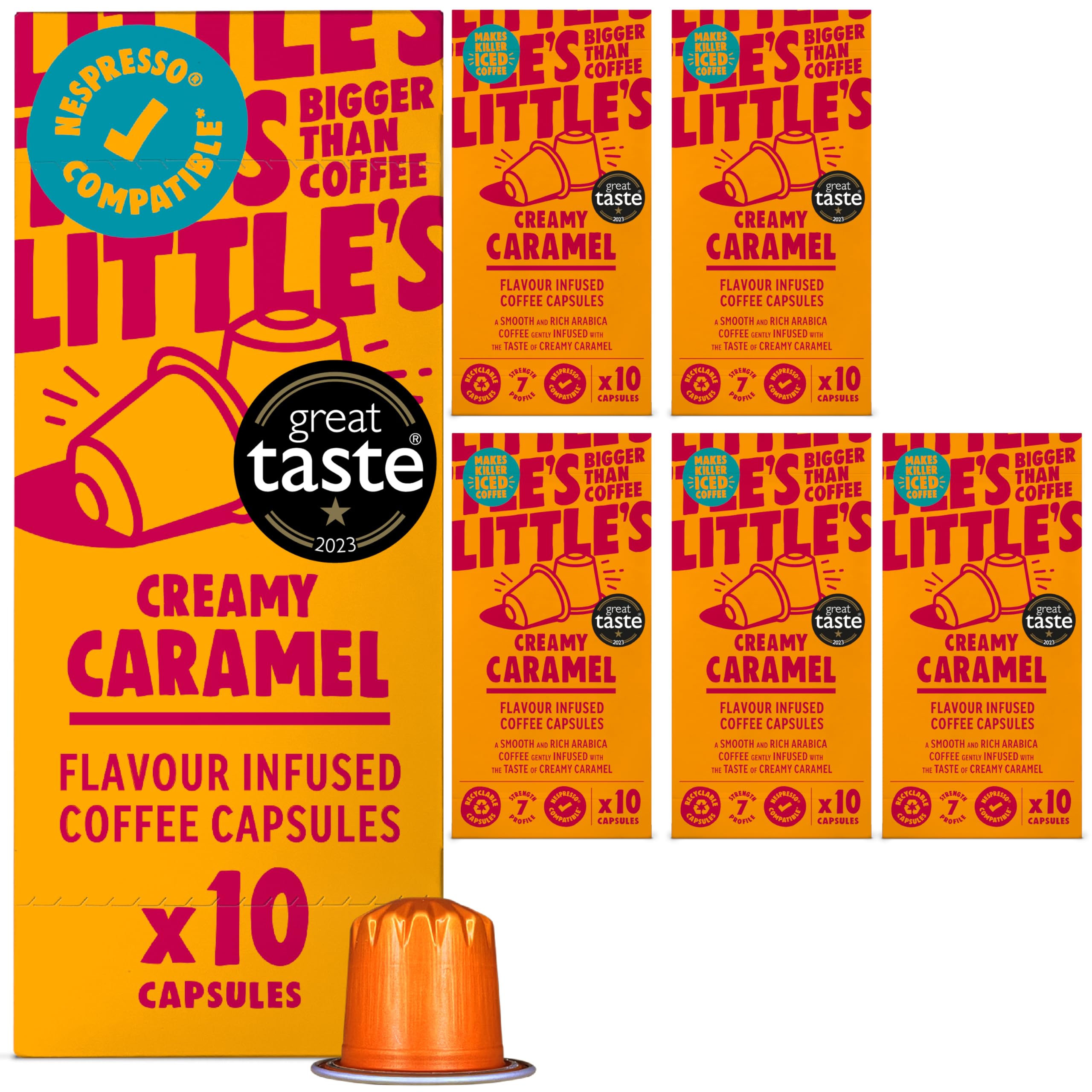 Little's Creamy Caramel Flavour Coffee Capsules Compatible With Nespresso, 10 x 6 pack (60 Capsules) - Coffee Pods Comptaible With Nespresso - Vegan Friendly, Low Calories, No Added Sugar
