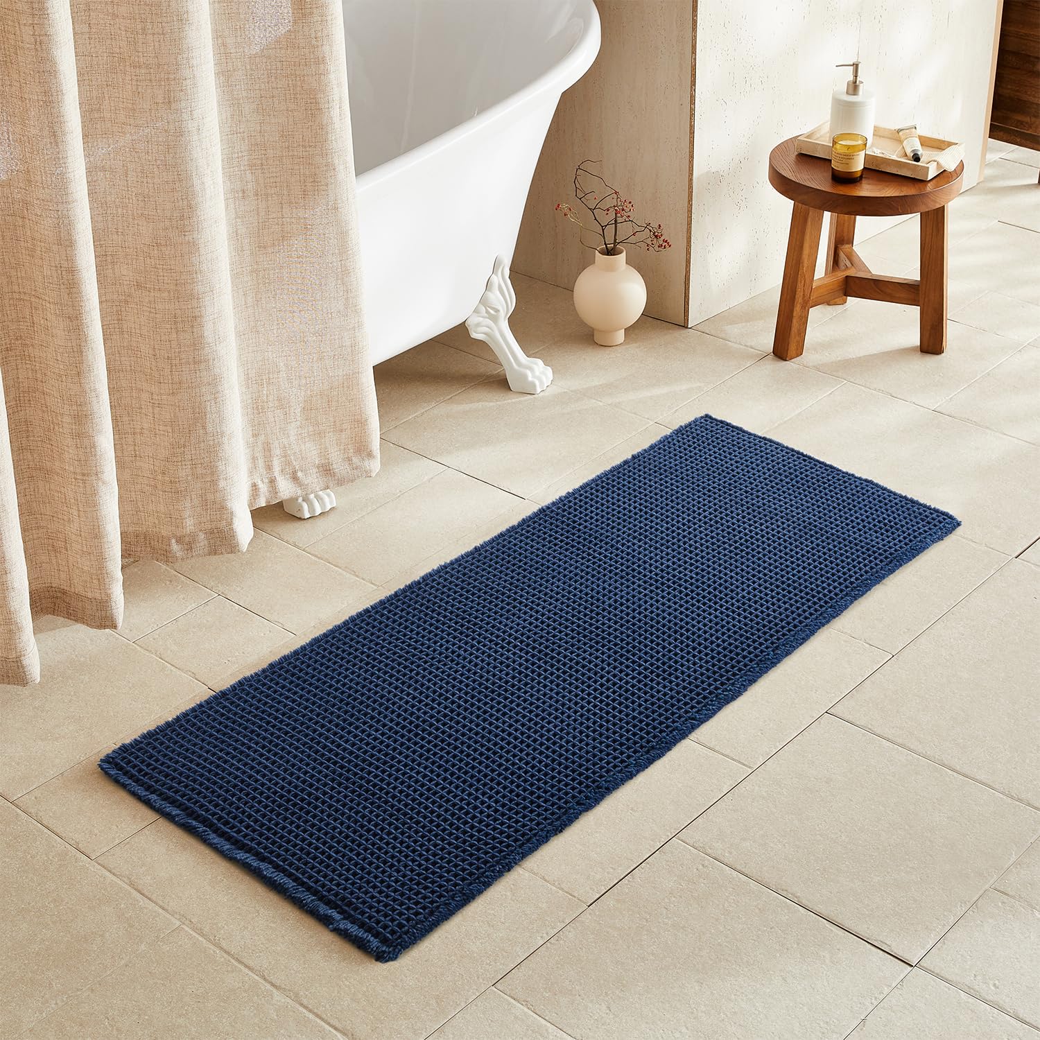 TYUU Waffle Runner Rug Bathroom, Long Boho Bathroom Rugs Non Slip Washable Super Absorbent Quick Dry Farmhouse Bath Decor, 60"x24" Navy Blue