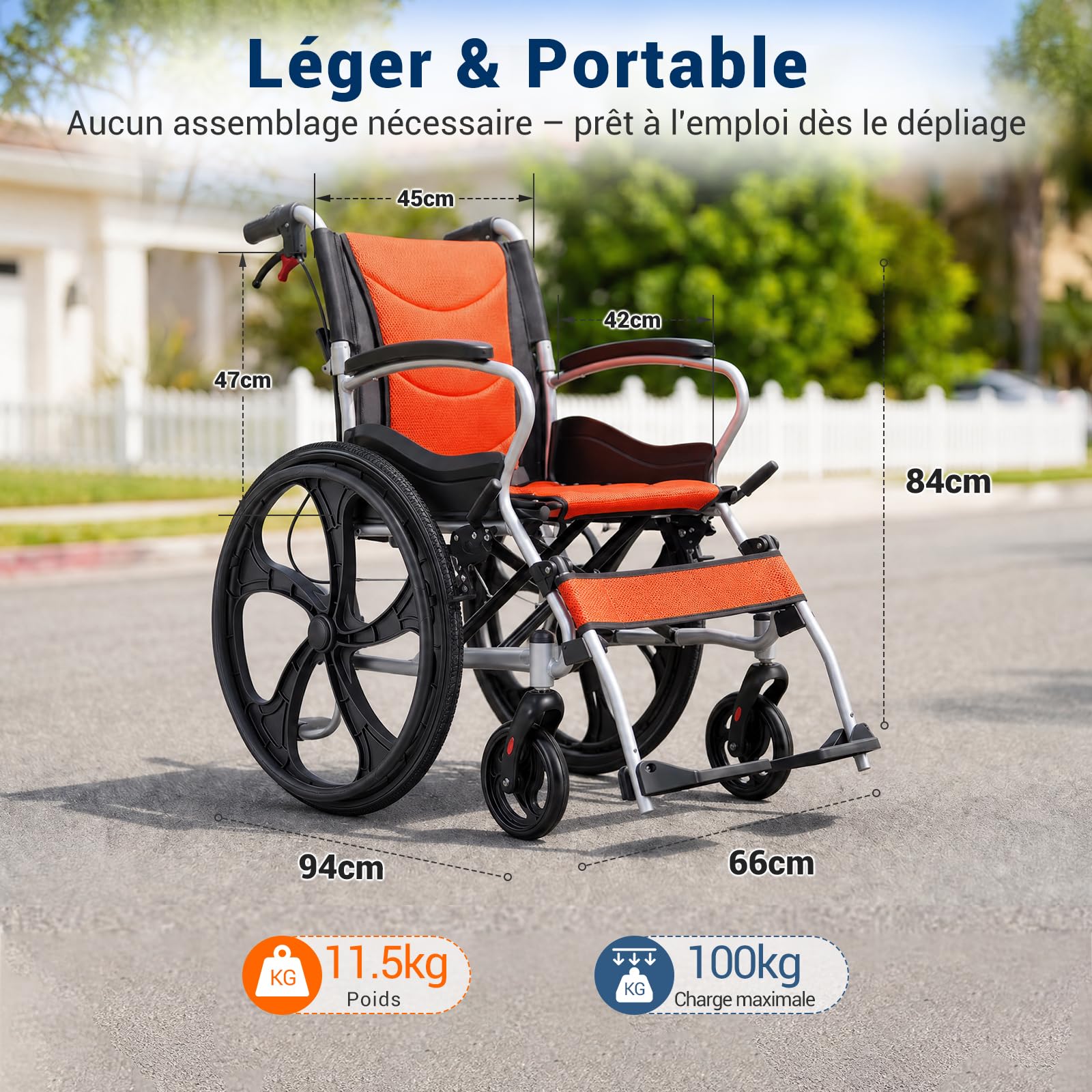 Care-Parents Fauteuil Roulant Léger et Pliable Autopropulsé, Assise 45cm, 11kg, en Aluminium, Chaise roulante adulte,pour Personnes âgées et Handicapées,Jusqu'à 100kg(CP-9536)