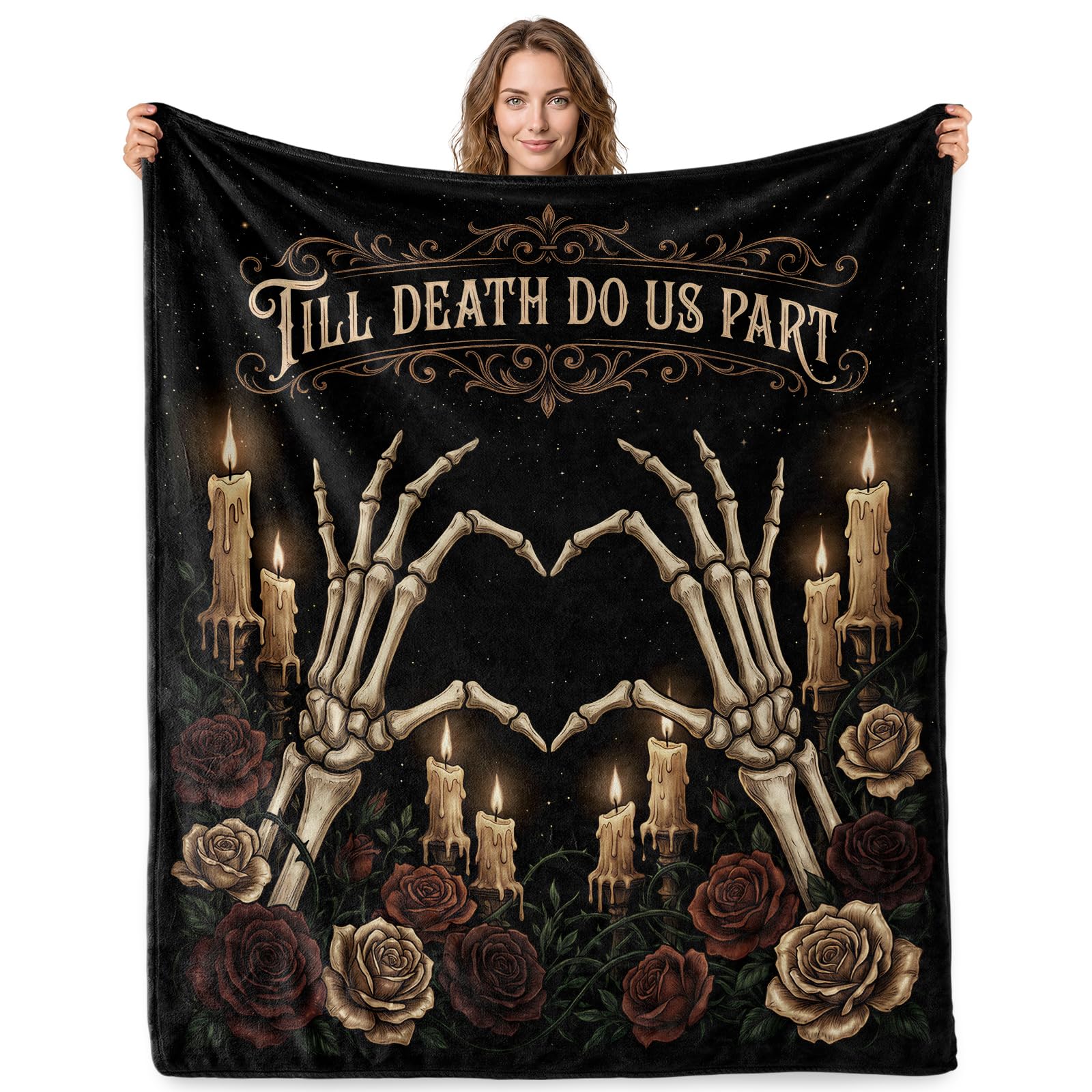 Jekeno Skeleton Hand Heart Gifts Blanket Gothic Romantic Rose Throw Blanket | 50x60 Inch Flannel Skeleton Hand Heart Blanket Halloween Anniversary Birthday Gifts for Couples Husband Wife