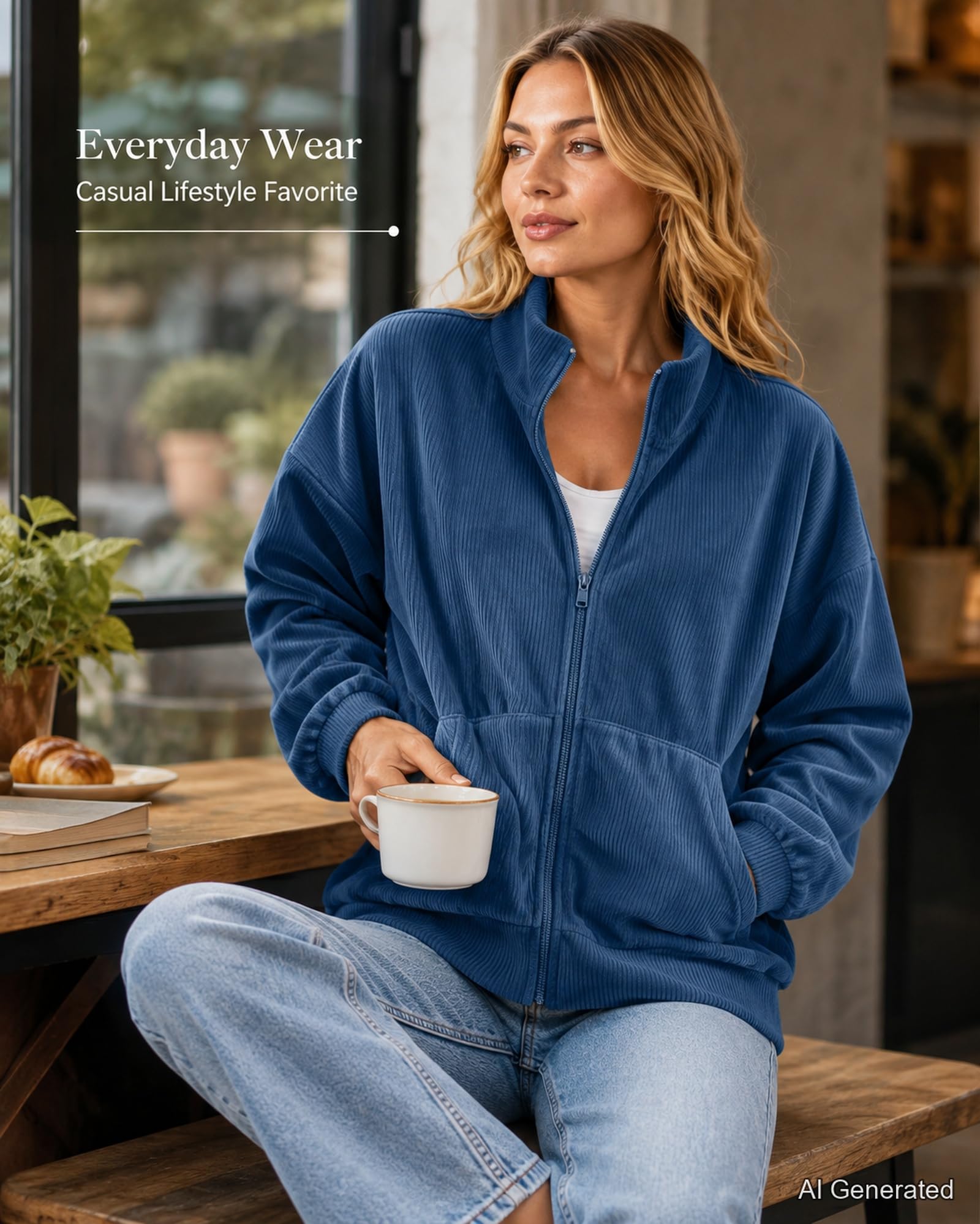 Oversized Jacket For Women Full Zip Stand Collar Long Sleeve With Pockets