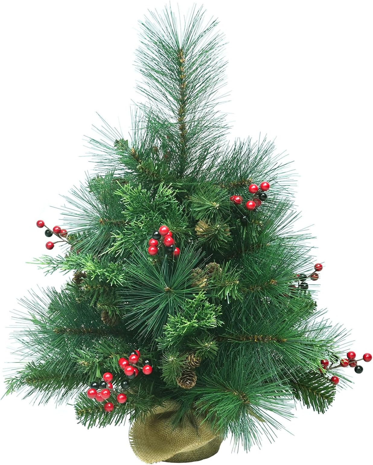 2ft Mini Christmas Tree with 71 Branch Tips, Hand Needle, PE&PVC Mixed Tree, Unlit Small Tabletop Artificial Xmas Trees with Cement Base Wrapped in Burlap, Green