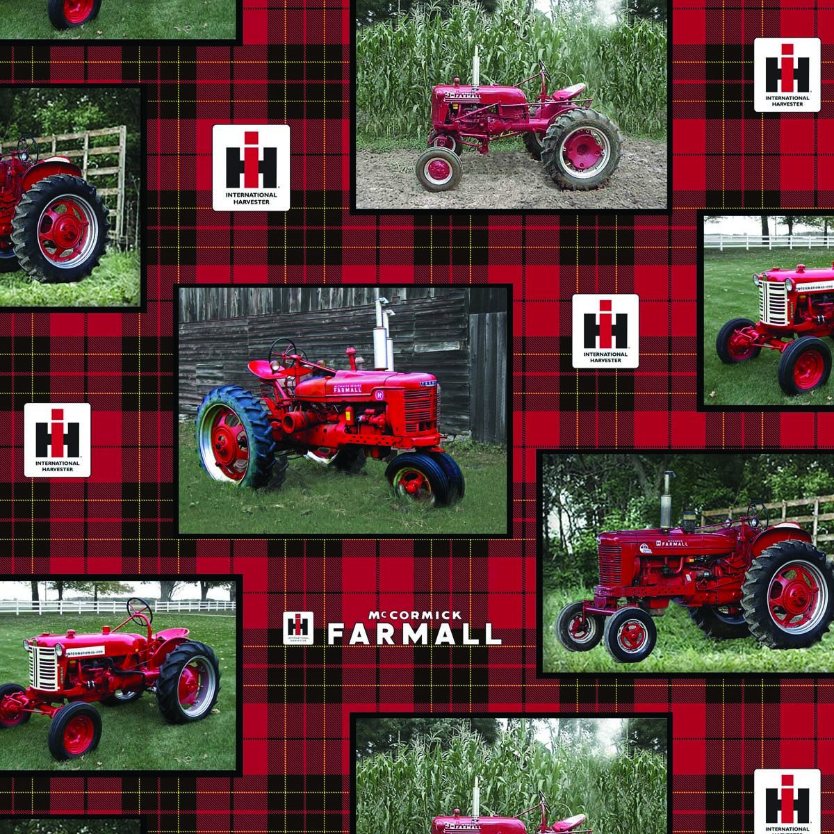 SYKEL ENTERPRISES Farmall Tractor Plaid Allover Cotton Fabric-International Harvester Farmall Tractor Cotton Fabric Sold by The Yard