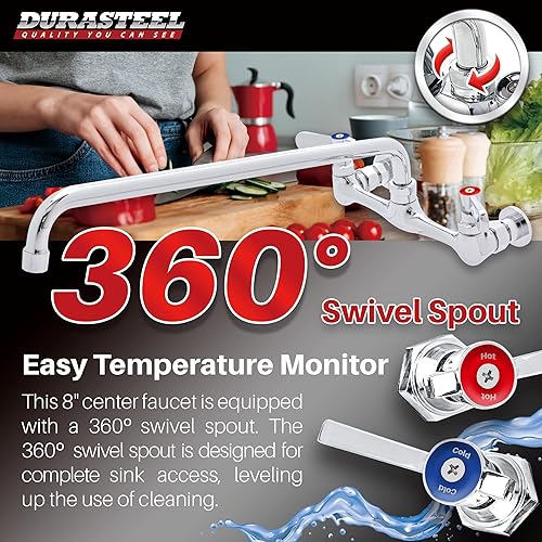 Miniatura 4 de DuraSteel - Grifo para fregadero de cocina sin plomo, grifo de fregadero de cocina comercial de 8 pulgadas montado en la pared central con boquilla