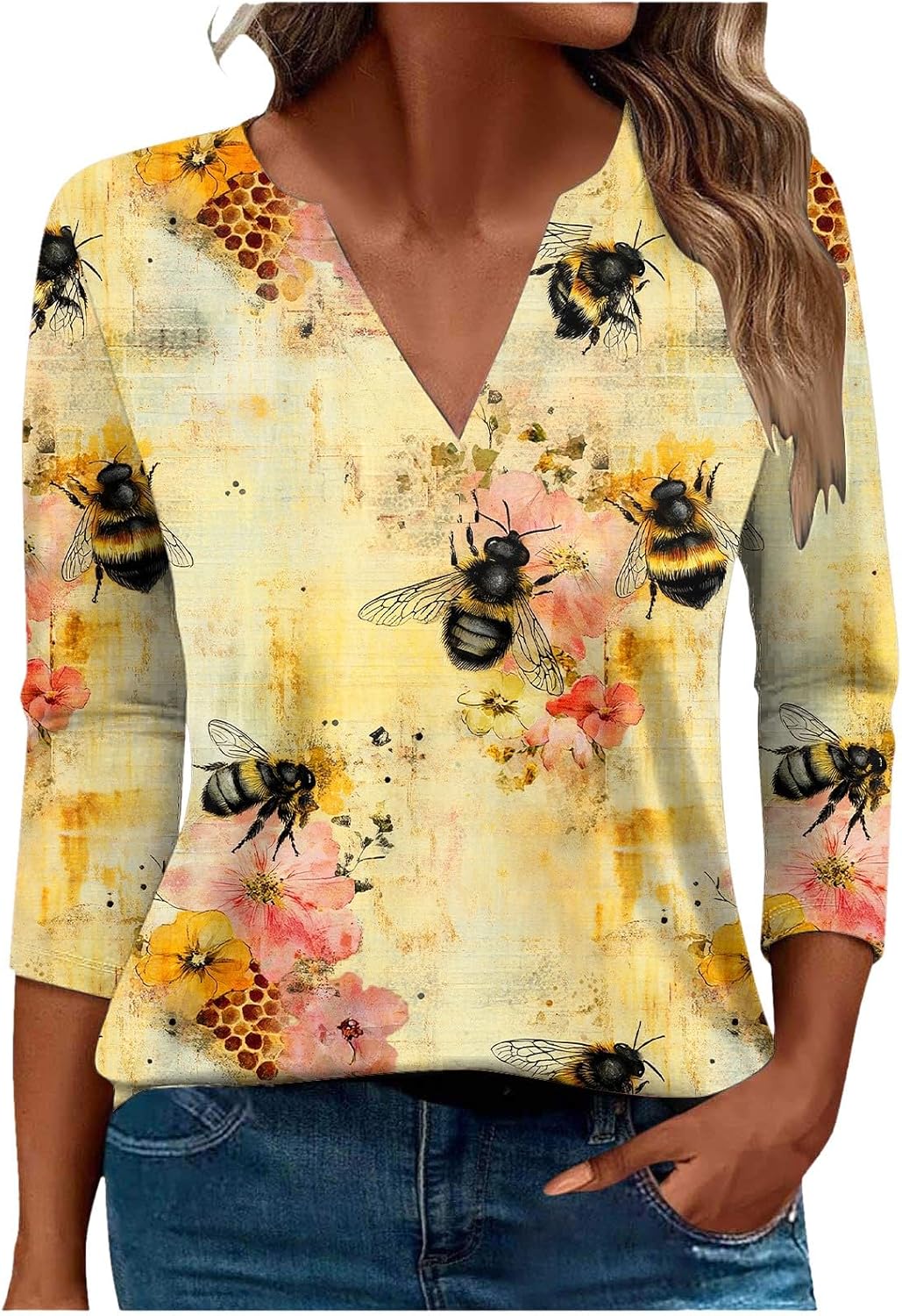 Bee Shirts for Womens Casual Plus Size 3/4 Sleeve Tee Tops Summer V Neck Pullover Blouses Funny Inspirational Tshirts