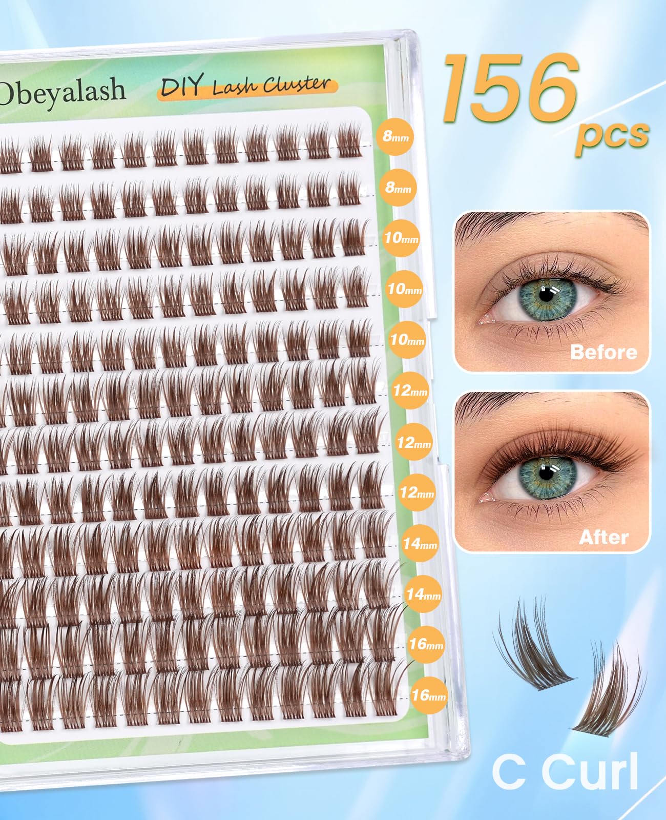 Obeyalash Zestaw do przedłużania rzęs w kolorze brązowym, 156 szt., zestaw do przedłużania rzęs C Curl Cluster Natural Brown (YLB09)
